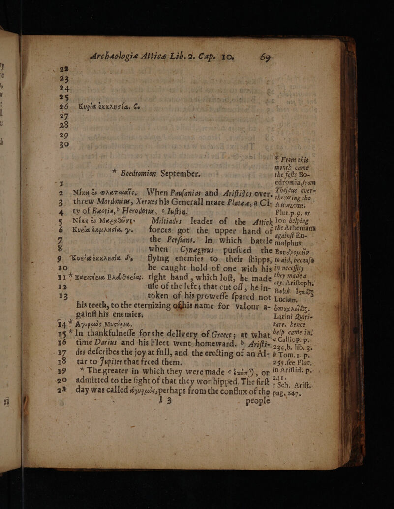 25 26 . Kueia exnaucias Ce 27 28 29 30 * From this shonth came * Boedromion September. the fefts Bo- , edromia,from 2 Ninn dy waereaits. When Paufanias and. Ariftides over. ibis fhe 3. threw Mordonins, Xerxes his Generall neare Platea, a Ci: Anaya: 4 ty of Beotia,&gt; Herodotus, ¢ Inftin. Plut.p.9. or 5 Ninn &amp;y Megadwre: Miltiades leader of the Attick lon helping 6 Kvelaéxyancia. y. forces. got’ the, upper hand of pao: 7 the Perfians.’ In) which battle iahitod 8 When Cynegyrus purfued the Bondsoudiy 9 “Kueletunancia S, © flying enemies to. their fhipps, to aid, becaufa 10 he caught hold of one with hig 77 7¢ceffily 11% Keene Bad Seetos. right hand , which loft, he made psa ol | iy ufe of the lefts that cut off, hein- 9273, 2 ton 13 token of his proweffe {pared not Luciam res his teeth, to the eternizing ofhis mame for valour a- my Ada. gaintt his enemies, Latini Quirie 14* Awpuds Musiere, tare. hence 15,.* In thankfulnefle forthe delivery of Greece; at what, °@!? came in. ai : -a. 4Calliop. p. 16 time Darius and -his Fleet went. homeward. &gt; Arifti- 234,b, lib. 3% 47 des detcribes the joy at full, and the erecting of an Al- 6 Tom.1. p. 18 tar to Jupiter that freed them. 259.fee Plut, x9 ™Thegreater in which they were made &lt; exon), Or Fe ie Pe? 20 admitted to the fight of that they worthipped. The firt ¢ Sch» Avifte 2% day was called éwexis,perhaps fromthe conflux of the pag. 247, 2 13 people
