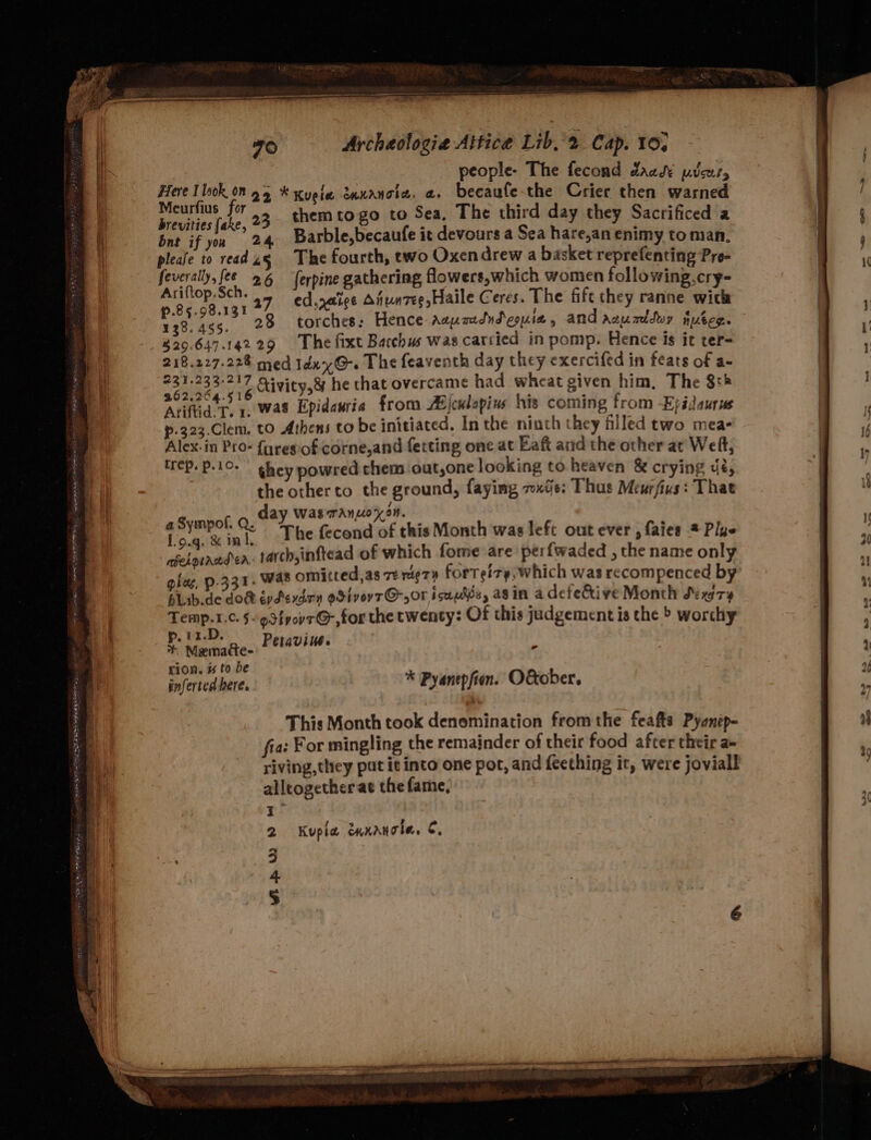 PROSE IE a ee vit SIO eg $5) Jie Bn PEERS. : people- The fecond daad¥ pce. ale a a 22 *Kueie caxancia. a, beciale the Crier then we brevities {ake, 23 them togo to Sea, The third day they Sacrificed a bnt if you 24 Barble,becaufe it devours a Sea hare,an enimy to man pleale to readzg ©The fourth, two Oxendrew a basket reprefenting Pre- eno: oe 26 ferpine gathering flowers, which women following.cry- p.85.98.131 27 ed,zethee Atunvee,Haile Ceres. The fift they ranne wick 128.455. 2 torches: Hence aauatdudeouia, and aaumtduy nubeg. 829.647.142 29 The fixt Bacchus was carsied in pomp. Hence is it cer- ath Ke med IdnyG@-. The feaventh day they exercifed in feats of a- clea. v6 Sivity,&amp; he chat overcame had wheat given him, The 8th Ariftid. Te 1, Was Epidamria from Aijculapius his coming from -Eyidaurus p.323.Clem, to Athens to be initiated. In the ninth they filled two mea- aS Pro- furesof corne,and fetting one at Eaft and the other at Weft, rep. p-l0- | ghey powred them out,one looking to heaven &amp; crying dé, i other to the ground, faying wxije: Thus Meurfius: That , ay Was rAnuoxan. ae ne The fecond of this Month was left out ever , faies * Plue agelornader rarch,inftead of which fome are perfwaded , the name only glae, p.331- Was omicted,as 7 rae7» fForteity, Which was recompenced by bLib.de doR éptexdrn oSiver7@-,0r iscugdos, asin a defe&amp;ive Month dexery Temp.1.c. §-¢3frovr@,for the twenty: Of this judgement is the &gt; worthy p.11.D. + Maemacte- Petaviie . rion. % to be inferted here. * Pyanepfion. O&amp;ober, Kupla ennanoia, €,