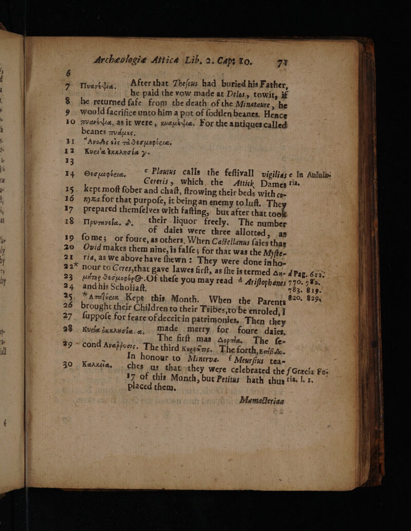 ~ le. Sem Archeologia Attica Lib, 2.Capsto. 7 tlig, Afterthat Thefeus had buried his Father, Soi eck he paid the vow made at Delos, towity if $ he returned fafe from the death of the Minatanre » he 9 . would facrifice unto him a pot of fodtlenbeanes, Hence 10 Uwe, agit were, wauelie, For the antiques called 2 i beanes muds, | TI “Avodhs sts rh Serpontere, 12 Kuer'a txxancia y, Cereris, Which the Attick Dames tits 15. kept moft fober and chat, ftrowing their beds with co 16 n)%afor that purpofe, it being an enemy toluft. They | | 17 prepared themfelves with fafting,. but after that took : | 18 Tpusuvela. p, their-liquor freely. The number | f of daies were three allotted &gt; a8 Ff 19 fome; or foure, as others, When Cafellanus faies thag i 20 Ovid makes them nine, is falfe; for that was the Myfte- vf | 2% ria, as We above have fhewn : They were done inho- | nour to Geres,that gave lawes firft, as the istermed Ay- d Pag. 672. 4, 23° ume SeouoseG@-. OF thefe you may read 4 4riftophanes 770. 782. y 8 24 andhis Scholiaf. 783. B19. 25, “Aamiéece Kept this. Month. When the Parents 7° 229 26 brought their Children to their Tribes,to be enroled, I 27. fappofe for feare ofdeceitin patrimonies, Then they ens , made merry for foure daies, 95. Hudlw canrsote a, The firft mas Avra The fe. ‘ | 29 ~ cond Ayepiuers. The third Keeeane. The forth, emedy. | In honour to Minerva. £ Meurfius tea- ches us thatithey were celebrated the f Gracia Fes 17 of this Month, bue Petitas hath thus tit bt. placed them, e | wahieies aetcie.: ¢ Plautus calls the feftival] vigiliase In Anlulas 30 Kaaxda, MemaGeriaa