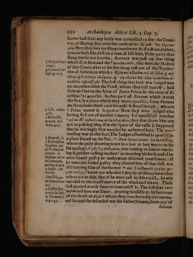 = 3 i ae . = _ 133 Archaologia Attice Lib. 3. Cap. 3: foever had flain any body was compelled to fee the Coun try, or ftaying dye, were the caufe never fo juft: *Ey TIpura~ veiw Here they face on things inanimate.As ifa ftone,timber, iron,orfuch like, fall on a man,&amp; kill him, ifthe party thac flung this benotknown , fentence was paft'on that thing f Pollux loco which flew him;and the f guacéacsacis, that were the Mafters Soap of this Court, were to fee this thing caft out of the Territo- te. s08. ries of Athens,to which &amp; Ai(chines alludes.ta hd Evae % 783 AlSus,n) F cidvesy rh dQove 1 ayraucye tay Tipe tumeroy re d morleivn &lt;aspoeiCouy The firft thing thar here was judged was an axe,wherewich the Prieft, whom they call Beptv@ , had: flain an Oxeon the Altar of Jupiter Poliews in the time of Ee rectheus.Ey epearfos. Inthat pat of Pireexm which isnext the Sea, is a place which they name gpeativs, from Phreutus an Heros,fome think ; not becaufe it ftoodina pit, whence Lib. ofay. &amp; Pollux names ic éy gpedres.~Here they were judged who st having fled out of another country for unwillfall murther ets Ar. | ulm AS tnBarbyaey ad rip in deouloy, they that drove him out ftocr.g15. mot acquitting him, ifinthe/{pace of his exile ie happened that he witcingly flew another he anfwered here. The pro* ceeding was ia this fort. The Judges aflembled éy opcar]o¥in k Demoft. ib. a place feated on the Sea * abrov émrarbusvoy em Saadr ior, / Rodolphus ‘ é 4 pied edt where the guilty drawing neare in a boat or bark was to make ef Pollax in- Dis apology, yits sy kaJoutvos;not coming to land or touch- terprets it | ing it,neither cafting anchor! or moaring his bark;and if he Scalam terre were'found guilcy he underwent deferved punithment : if hr a is he were not fouhd guilty they cleared him of that fa&amp;, not t ledce ae difcharging hiavof the former ™ ot) 4 emlaest’ wstipa eve Grecke yw iwdy¢,| know not whether I may be of chatupinion that vad oay, Others arein this, thacif he were caft in thistryall, he was m Demofthe- expofed to the cruell mercy of the wind and waves. Thefe nes. lait quoted words feem to contradi&amp; it. The firft that ever a Didtis Cre- , . c 5 tenfis de bel. 2n{tvered here was Teucer, proving himfelfeto be innocent la Trojano,], Of the death of 4jax:¢ whom they treacheroufly circumven- 6.p.4g5. ted becaafe he defended not his father Zelamon,drove out of Salamis (yi pi t0' gyiedl | wat mutt Alven! gdinit De
