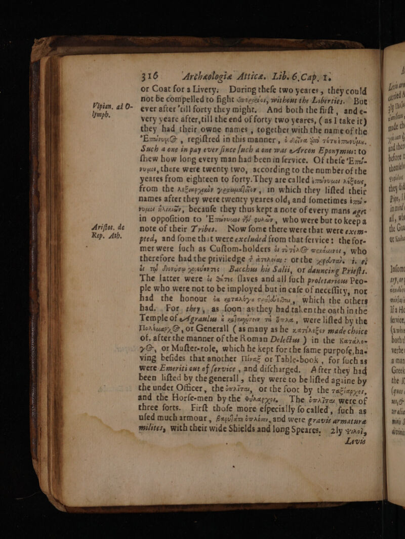 o OPN Sete ro “ m9 SZ re eee Oe Vipian. ad O- lymph, Ariffor. de Rep. Ath. 316 Arthaologia Attica. Lib.6,Cap,t. or Coat fora Livery; Daring thefe two yeares, they could not be compelled to fight vaeecer'os, without the Liberties. Bue ever after ‘cill forty they might. And both the firft, and e- very yeare after,till the end of forty two yeares, (as I take it) they had their owne names , together with the name of the Exuny@ , regiftred inthis manner, é igre Sw céretqwvius, Such a one in pay ever fince [uch aone was eArcon Eponymus: to fhew how long every man had beenin fervice. Of thefe*Ezi- vugo, there were twenty two, according to the number of the yeares from eighteen to forty. They are called ¢zwyuuer areca, from the AsEcapyanoy yeguudlaoy 5 in which they lifted their names after they were twenty yeares old, and fometimes ¢zz buuot nameay, becaufe they thus kept a note of every mans ages in oppofition to Ezwruuo AW guaav, who were but to keepa note of their Tribes. Now fome there werethat were excm- pted, and fome that were excluded from thatfervice: the for- mer were fuch as Cuftom-holders o a72.@ certuwor, who therefore hadthe priviledge ¢ avd: orthe yopbrate “tv -¢} ; had the honour 2« yataatys sedlvedeu, which the others had. . For, they. as .foon: asthey bad takenthe oath inthe Temple of ed graulus & xelanurew ri gana, were lifted by the TlovtuapyG@, or Generall ( asmany ashe x2zackev made choice of, afterthe manner of the Roman Dedeflus ) in the Kazdace y@, or Mufter-role, which he kept for the fame purpofe,hae ving befides that another Mivee or Tableebook , for fuchas were Emeriti ont of fervice , and difcharged. After they had been lifted by the general! , they were to be lifted againe by the under Officer, the évaizu, or the foot by the zaglepyer, and the Horfe-men bythe evaaeyon, The doaire were of three forts. Firft thofe more elpecially fo called, fach as ufed much armour, 6pu)2m évaion, and were Graves armature milites, with their wide Shields and long Speares. 2ly yaoi, Levis