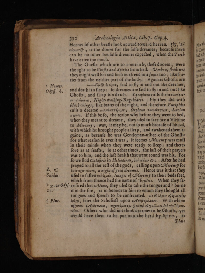 a Homer. Oaylf. 1. : Ree Susdas. 352 ‘Archaologiea Attica, Lib.7. Cap. Hornes of other beafts look upward toward heaven, §ly, ’z- r¢oa7G@ 4 is the doore for the falfedreames,; becanle there cin be no other bot falfe dreames expected , when the Zeeth have eatentoo much. The Guefts which are to comeinbythefedoores , were thought to be Ghats and Spirits fromhell. Umbra, [badswes they might well be: and fuch as afcend in a fume too , like Fus ries from the neither part of the body. Againas Gholts are ——dJiuG sveipavy faid to flyin and out like dreames, Ghofts, and fleep isadeah. Lycopbron calls them rveroc- we Aetuara, Night-Walking-Bug-beares. Fly they did with black-wings, like battes of che night; and therefore Euripides calls a dreame waraerorrépyy, Orpheus tancmnesw, Lucian avmvov, Ifthisbefo, the reafon why before they went to bed, when they meant to dreame, they ufed to facrifice a Vidime to Mercury, was, itmay be, not fo much becaufe of his red, with which ke brought people a fleep , and awakened them a- gaine, as becaufe he was Gentleman-ofher of the Ghofts: for what reafon fo everit was, it feemes (Mercury was molt in their minds when they were ready to fleep: and theres fore as at feafts, foatothertimes, the laft of their prayers was to bim, andthe laft health that went round was bis, For fo we find Calafirts in Heliodorus, im raow ec. After he had prayed roallthe reft of the gods, calling upon Wereury for euiverey vunra, a night of good dreames. Hence was it that they ufed to faften rus épuas, /mages of Mercury to their beds feet, which from thence had the name of ‘Eepives. When they fa- 12. © Plat. itinthe fire, as inhonourto him to whom they thought all tongues and fpeech to be confecrated. ws 7h Agyew x eeunpeter epiew, faies the Scholisft upon eriffopbanes. Withwhom agrees efibenaus, wesoveuovta 4 wre af praeset de tlw *Epume veiw. Others who did not think dreamesto be Ghofts, -yet wenld have them to be put into the head by-Spirits, as Plate ° . E —— nit ai atc lita. in. and ale