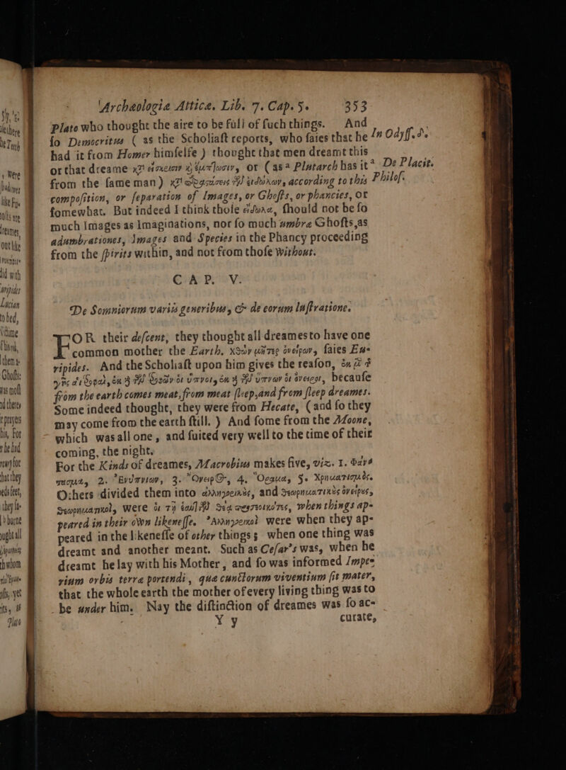 Plato who thought the aire to be fuli of fuch things. And ; fo Democritus ( as the Scholiaft reports, who fates that he /” Odyff.de had it from Homer himfelfe ) thought that men dreamt this | Ree g orthat dreame x7 cimueta tr }ooty OF (as Plutarch has it* De Placie. bidyy = From the fame man) x2 dbascices A erdiawy, according to this Philof. ikefy. I Compofition, or feparation of Images, or Ghoffs, or phancies, OF nis fomewhat. But indeed I think thole ddwae, fhould cot be fo feng «much Images as imaginations, nor fo mach wmbra Ghofts,as onthe adumbrationes, Images and: Species in the Phancy proceeding § from the /pirits within, and not from thofe without. Pvingore lid with MDa Cove Pooev: De Somniorum varias generibus, &amp; decorum laftratione. from the earth comes meat, from meat fleep,and from fleep dreames. 3 ‘Some indeed thought, they were from Hecate, (aad fo they 1 may come from the earth ftill. ) And fome from the AdZoone, e a | &gt; which wasallone, and fuited very well to the time of their titi F coming, the night. vay For the Kinds of dreames, ALacrobius makes five, viz. 1. davé ste Oczhers divided them into annyvemss, and SeopnuaTinns av cipes bey Sxapnuannol, Were o 7H bel Sea weariotndns, when things ap- &gt; buna peared in their own likene[[e. *Avnyenol were when they ap- ght peared in the likeneffe of other things 5 when one thing was jus dreamt and another meant. Such as Ce/ar’s was, when he h whom dreamt he lay with his Mother, and fo was informed Jmpes ry Ep vium orbis terra portend: , qua cuntiorum viventinm fit mater, i, yt that the whole earth the mother of every living thing was to is) # M — be wnder him. Nay the diftin@ion of dreames was fo ace i Y y curate, 1d theres