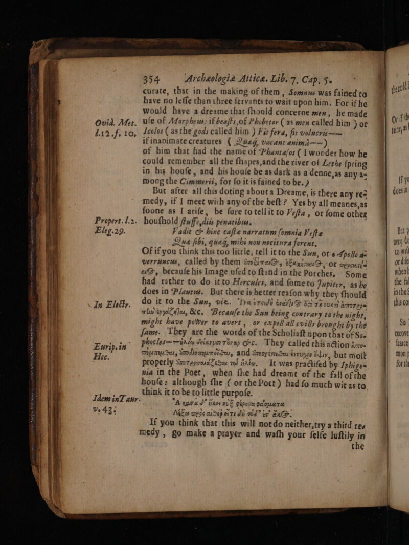 Ovid. Met. 4.12.f 10, Propert. 1.2. Eleg.29. In Elettr. Euripin- Hee. Ve 43. 354 Archaologia Attica. Lib. 7, Cap, 5. curate, that in the making of them, Somnus was fained to have no Jeffe than three fervants to wait upon him. For ifhe would have a dreame that fhould concerne men, he made ule of Adorpheus: if beasts of Phobetor ( a8 mex called bim Sor Icolos ( asthe gods called him ) Fit fera, fit volacra—~ if inanimate creatures ( 2aeg, vacant anima——) of him that had the name of Phanta/as ( | wonder how he could remember all the fhapes,and che river of Lethe {pring in his houfe, and his houfe be as dark as a denne,as any a= mong the Cimmerii, for fo itis fained to be. J Buc after ail chis doting abouta Dreame, is there any re= medy, if I meet with any of the beft? Yes by all meanes,as foone as I arife, be fure totellitto Vefta, or fome other houfhold /tuffe,diz penaribus. , Vadit c&amp; bine cafta narratum [omnia Vifte Slne fibi, queg, mibi non nocitura forent, Of if you think this too little, tell icto the Sun, Ot «Apollo aa verruncus, called by them smiiru@, tuxisvecD,-o8 messunia a@, becaufe his Image ufed to ftind in the Porches. Some had rather to do itto Hercules, and fometo Jupiter, as he does in Plauews. But there is better resfon why they fhould do it to the Sun, viz. Tryaeredy Cray ]sD 82 7 wven daorege alus epyiCulu, &amp;e, Becaufe the Sun being con trary tothe ni be, might have power to avert, or expel all evills broughe by the fame. They are the words of the Scholiaft upon that of So. phocles——urie dtinvyor revap Gee. They called this a@ion 27v- Tumse, SmoDompre Su, and Saoretrn Seu evvunov oly, but molt properly Sworesrud@esuu tw idtw, It was pradifed by Iphiges wia in the Poet, when fhe had dreame of the fal} of the houfe: although fhe ( or the Poet ) had fo much wit as to think it to be to little purpofe. “A xu zd” iines vue GEpsor elope et NeFa aess departs du md? ts an@. If you think that this will notdo neither,try a third res medy , go make a prayer and wafh your felfe luftily in the Pentre = this co So. recove farce mon | for the