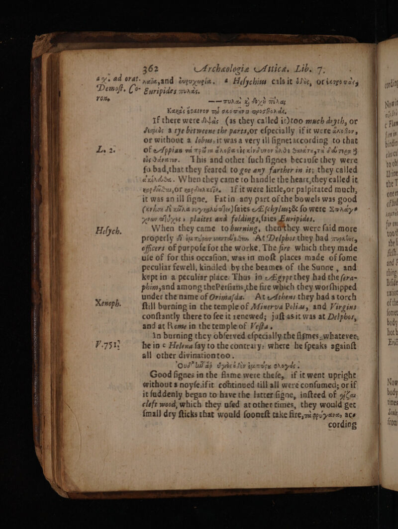 VOKe Helych. Xenoph. P.751 362 Archaologie Attica. Lib. 7: sand evevyweid, A Helychius cals it osts, oréerpo mary —— 7AM x) Seyi Teh ag Kayes e2dtvov re) onomuvn apororde, If there were tds (as they called it)too mach dryth, or domes a rye betweene the parts,or efpecially ifte were zxoZov, or without a /obws,it wasa very ill ignesaccording to that Of ed ppian wi TeB a arokacts eivSuvror wrde SuaTeyTa Sb ree 4 eis Shyer. This and other fuch fignes becaufethey were fo bad,that they feared to gee any farther in ity they called dxerdse. When they came to handle the heart,they called ic xagA ecu, OF xagduauci. If it were little,or palpitated much, it was anill figne, Fatin. any part of the bowels was good (kviion St nde ovryraduoler) faies cE fehylaas& fo wete Saraye vou @lvyss » plaites and foldings,{aies Euripides. When they came tobusrning, theathey. were faid more properly WY turupayuardbesun At Delpbos they had zupatec, officers of purpofe forthe worke, The fre which they made ule of for this occafion, was in moft places made of fome pecoliar fewell, kindled bythe beames of the Sunne , and kept in a pecaltar place: Thus io e4igypethey had the fera- phim,and among thePerfians,the fire which they worfhipped under the name of Orimafda. Atedthens they had atorch ftill burning in the temple of AZinerva Polias, and Virgins conftantly there to fee it renewed; juftasit was at Delphos, and at Rome in thetempleof Veffa. in burning they obferved efpecially che ames .whatever, he in ¢ Helena fay to the contrary: where he fpeaks egainft all other divinationtoo. ‘Oud Lap Tpyest Ny tuavry gropds. Good fignes in the flame were thefe, if it went upright without s noyfe,ifit cotitinved tilkall were confaumed; or if it fuddenly began to: have the fatrerfigne, infteed of ofZex cleft wood, which they ufed at other times, they would get {mal} dry fticks that would fooneft take fire,zigpuyares ace cording yee »