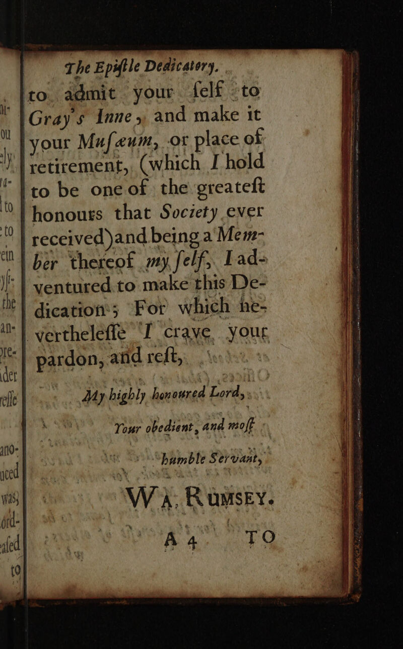 The Epytle Dedicatory. to admit your. felf to }Gray 5 Inne, and make it , |your Mufeum, or place of J.) retirement, (which I hold ito be one of the greateft ‘honours that Society ever received )and being a Mem- | ber thereof my, felf, Lad- | dication®; For which he- My hieh)) Laie iit i Your obedient, and he | nel § ervanty Wi. Rawsev. iting: