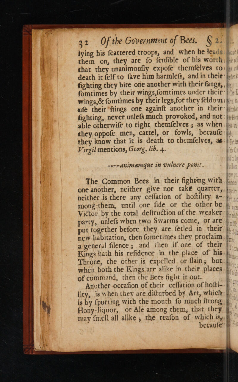 lying his fcattered troops, and when he leads |i! them on, they are fo fenfible of his worth; )( 0! that they unanimoufly expofe themfelves to) |) i fighting they bire one another with their fangs, , jy fomtimes by their wings,fomtimes under their: } ‘ { wings,&amp; fomtimes by their legs, for they feldom fi 1 ufe their ftings one againft another in their: jy) fighting, never unlefs much provoked, and not: jj} able otherwife to right themfelves ; as when) i » they oppofe men, cattel, or fowls, becaufe: they know that it is death to themfelves, as Virgil mentions, Georg. Lib. 4. { =a ----animamgue in vulnere ponit. The Common Bees in their fighrmg with. },... one another, neither give nor tak@ quarter,,},.,. neither is there any ceflation of hoftiliry a--},, mong-them, until one fide or the other be: Victor by the total deftruction of the weaker |i. party, unlefs when two Swarms come, or are’ put together before they are fetled in their: new habitation, then fometimes they proclaim)| a general filence ; and then if one of their Kings bath his refidence in the place of his: Throne, the other is expelled. or flain; but when both the Kings.are alike in their places of command, then the Bees fight it out. Another occafion of their ceffation of hofti- lity, is when they are ditturbed by Art, which: is by fpurting with the mouth fo much itrong; = Hony-liquor, or Ale among them, that they’ §’ may {mell all alike ; the reafon of which isy,f}” becaufe: i * &gt;&gt; ———ee —s - —S i—¥ = $ + — = | 2 a By a