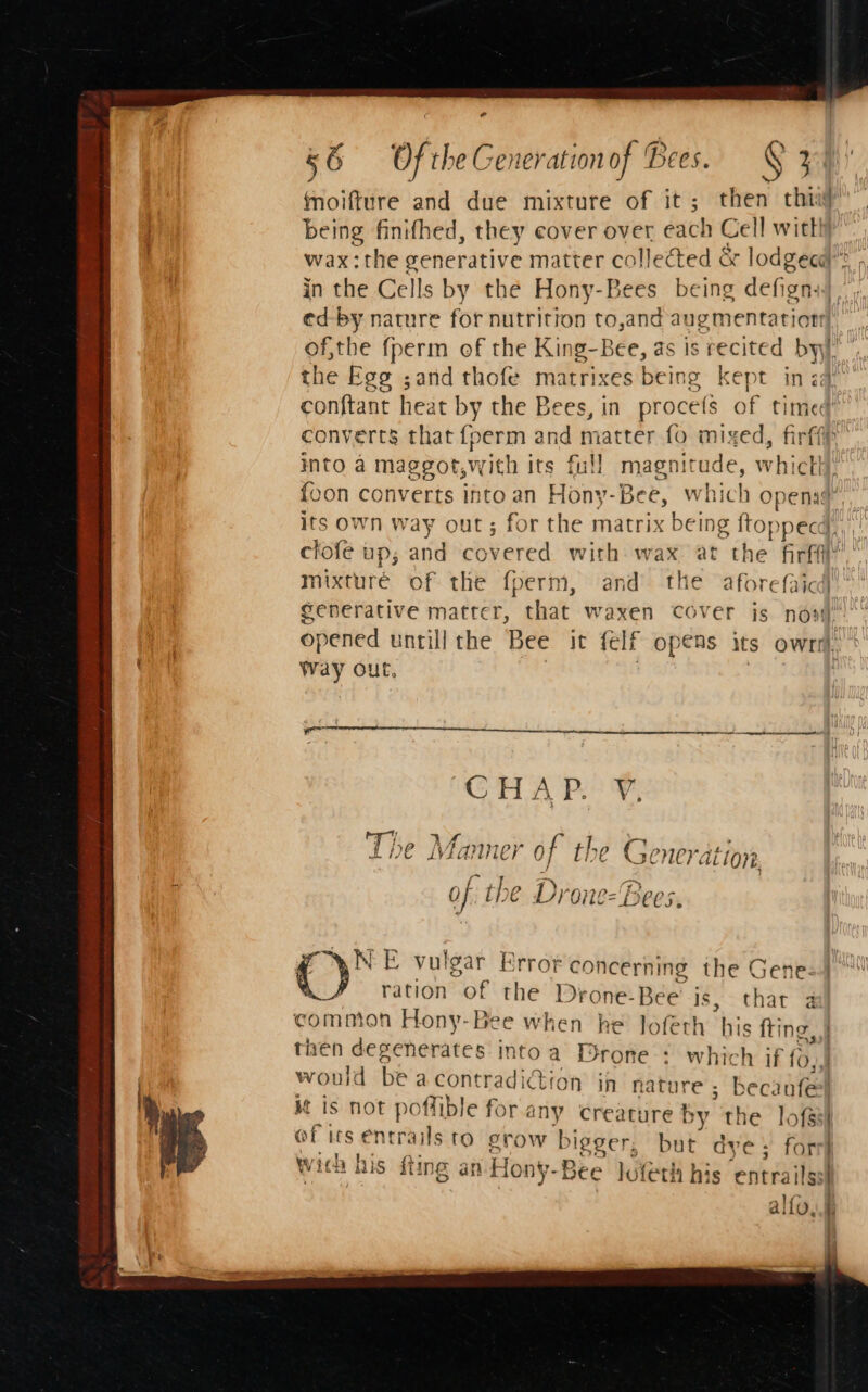 moifture and due mixture of it; then chi being finifhed, they cover over each Cell witth} wax: the generative matter collected &amp; lodged: in the Cells by the Hony-Bees being defign. , ed-by nature for nutrition to,and aug mentatiort) of,the fperm of the King- Bee, as is recited by)” the Ege ;and thofe matrixes being kept in eq’ conftant heat by the Bees, in proce(s of timed converts that {perm and matter fo mixed, firffr into a maggot,with its full magnitude, whictl. foon converts into an Hony-Bee, which opens”, its own way out; for the matrix being ftoppecd., clofe up; and covered with wax at the firffl’,” mixturé of the fperm, and’ the aforefaicd generative matter, that waxen cover is nos, opened untill the Bee it {elf Opens its owrl. Way out. | CH A Rie ¥ The Manner of the Gen eration, of the Drone-Bees. cy” E vulgar Error concerning the Gene: | ration “of the Drone-Bee is, that @ common Hony-Bee when he lofeth his fine | then degenerates into a Drone : which if fo, would be acontradicdtion in nature ; Becante it is not poffible for any Creature by. the lofgsi of its entrails to grow bigger, but dye; forry with his fting an Hony-Bee lofeth his ‘ential alfo,