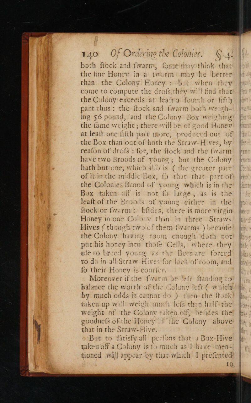 he Box than ont of both the Straw- Hives » DY reafon of drofs : for, t \ have two Broods of ye hath but one; whic! of itin the re rail Ep at p the Colonies Brood of young which is int Box taken: off is not fo large, as is the leaft of the Broods of 5 ftock or {warm : bfides, there is more virgin Honey in one Colony than in hree Straw- Hives ( thoneh twoofth ; the Colony having room ehohon, “doth not a cP rd pote, as &lt;&lt;, 5 a! + ~ p) os ere &gt; ¥ IXY AY +a = H iY ‘Sy. ‘an &gt; oe var aye 1 put his honey into thofe Cells, where. they ufeto breed young as the Beesare forced 3 Pipers IM le oar fall and ie tO doin all ocraw-tives for lack ol room, and fo their Honev ts court Moreover ifthe fwarm be lefe ftanding to a z ms ‘ o “ee . balance the worth of the Colony left'( which by much odds tt cannot do ) then the ftock taken up will) weigh much lefs than half the weight of ‘the colony ‘ken. of, befides the eoodnets of | he Honey ii the Colony above tha icin the Str awe P live.