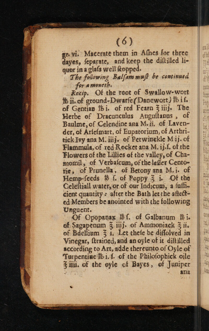 dayes, feparate, and keep the diltilled li- quor ina glafs well topped. The following Balfam mujt be continued for amonerh. Recip, Of the root of Swallow-woret $b ii.of ground-Dwarfe(Danewort) fb if. of Gentian fbi. of red Fearn Ziiij. The Herbe of Dracuncolus Anguttanus , of Baulme, of Celendine ana M.1i. of Laven- der, of Arfefmart, of Eupatorium, of Arthri- tick Ivy ana M. iiij. of Perwinekle M1). of Flammula, of red Rocket ana M. ij-f. of the Flowers of the Lillies of tte valley, of Cha- momil, of Verbafcum, of thelefier Cento- tie, of Prunella, of Betony ana M.i. of Hemp-feeds i {. of Poppy 5 i. Of the Celeftiall water, or.of our Indicum, a {uff cient quantity: after the Bath letthe aftedt= ed Members be anointed with the following Unguent. | Hah ad , Of Opopanax if. of Galbanum i. of Sagapenum 3 ilij. of Ammoniack 3 ii. of Bdellium 3 1, Let chefe be diffolved in Vinegar, {trained, and an oyle of it diftilled according to Art, adde thereunto of Oyle of ‘Turpentine 161.1. of the Philofophick ojle 4 iii. of the eyle of Bayes, of Juniper ee ae - ana