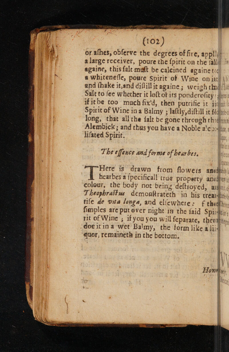 or.afhes, obferve the degrees of fire, appli a large receiver, poure the {pirit on the {alli againe, this falt muft be caleined againe tic a whitenefle, poure Spirit of Wine on itt) and thake it,and diflillit againe ; weigh thni/\i Salt to fee whether it loft of irs ponderofity sen: ifitbe too much fix'd, then putrifie it jidiat | Spirit of Wine ina Balmy ; laftly,diftill it fidink long, that all the falt be gone through thidhii Alembick ; and thus you have a Noble a’ a4); lifated Spirit, The effence and forme of hearbes. Here is drawn from floweis ancdhii hearbes a {pecificall trae property ancdpey colour, the body not being deftroyed, LGN Theophrastus demonftrateth in his treats tife de vita longa, and elfewhere: £ thudilly fimples are put ever night in the {aid Spiittty, rit of Wine ; if you you will feparate, thera, doe itina wet Balmy, the form like ali: | quor, remaineth in the bottom. “ =&lt;