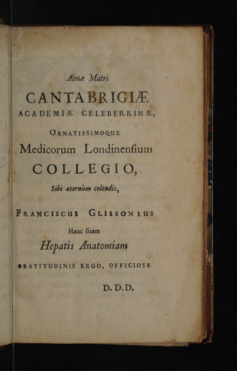 Alme Matri CANTABRIGUE | ACADEMIJE£ CELEBERRIM £, ORNATISSIMOQUE | Medicorum Londinenfium COLLEGIO, Sibi eternim colendis, iFRANCIsCus GrissoNius Hanc fuam Hoepatis ZAnatomiam | e€RATITUDINIS ERGO, OFFICIOSE D. D.D.