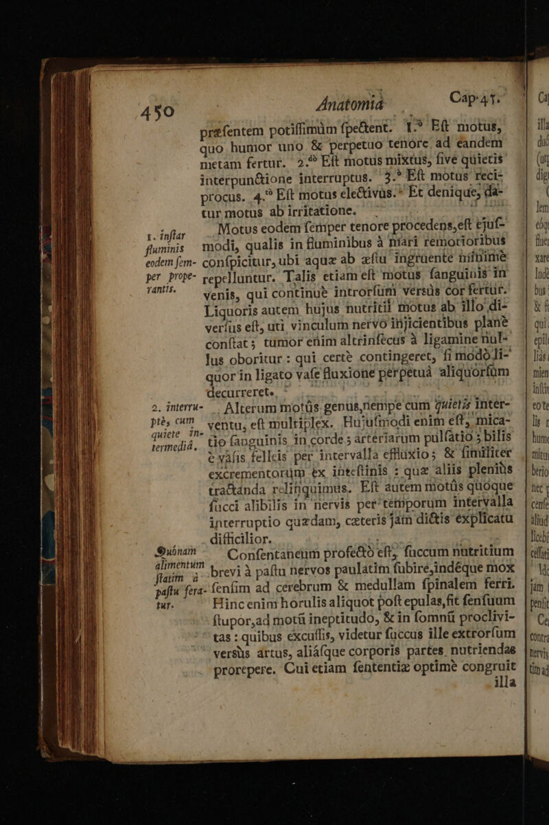 pr£fentem potiffimum fpe&tent. 1.5 E(t motus, quo humor uno. & perpetuo tenore ad eandem metam fertur. 2.9 Eft motus mixtus, five quietis interpun&ione interruptus. 3.* Eft motus reci- procus. 4.? Eft motus ele&tivüs.* Et denique; da- turmotus abirritatione. | UM 1. Ínflar Motus eodem ferrper tenore procedens,eft ejuf- fumiis modi, qualis in fluminibus à niari remociortbus edem fem- confpicitur, ubi aquae ab fiu ingruente niinime pe P'*- repclluntur. Talis etiam eft motus fanguinis in am. ^ venis, qui continue introríüm versus Cor fertur. Liquoris autem hujus nutritii motus ab illo di- verfus eft, uti vinculur nervo injicientibus plane conftat; tumor etiim altrinfecus à ligamine nul-- lus oboritur.: qui certe contingeret, fi modóJi- quor in ligato vafe fluxione perpetuá aliquorfüm decurrerete ^ ...—.— vm : ies 7n ventu, eft multiplex. Hujufmodi enim eft mica- i'meliá. tio fanguinis in corde 5 artertarum pulfatio 5 bilis e vàfis felleis per intervalla effluxio ; & fimiliter excrementorüm ex ineeftinis : quz aliis plenius tra&dnda relinquimus. Eft autem motüs quoque fücci alibilis in nervis per'temporum intervalla interruptio quzdam, czteris jam di&tis explicatu difficilior. qe eSuonam Confentaneum profe&ó eft fuccum nutritium alimentum ATEM 4 NURDEP àu faf brevi à paftu nervos paulatim fübiré,indéque mox aftu fera- fenfim ad cerebrum & medullam fpinalem ferri. tur. Hincenim horulis aliquot poft epulas,fit fenfuum ftupor,ad motü ineptitudo, & in fomnáü proclivi- tas : quibus excuffis, videtur faccus ille extrorfum versüs ártus, aliáíque corporis partes nutriendae prorepere. Cui etiam fententiz optime congruit illa hum MITT berio