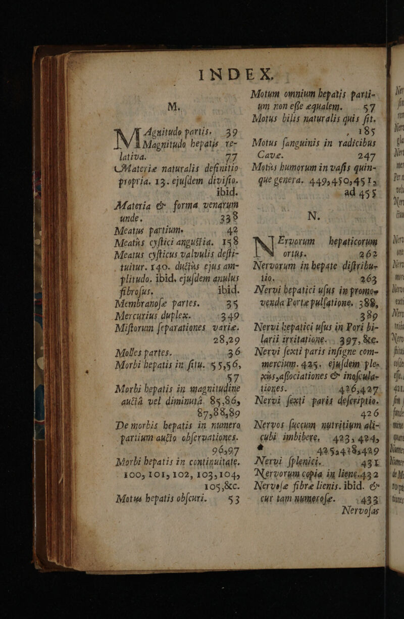 M. : | Agaitude partis. .— 39 Meri bepatis ve- lativa. CMaterie naturalis definitio propria. 13. ejufdem divifto. ibid. Materia e. forma, venarum unde. 239 Meat partium. 42 Meatis. cyflici anguslia. 139 Meatus. cyfticus valvulis deffz- tuitur. 140. ducpius. ejus an- Vlitudo. ibid. ejujdem anulus fibro[us. ibid. Mercurius duplex. 349 Miftorun [eparationes, varie. 28,29 Melles partes. 36 Morbi bepatis in fitu. 5 5,56, 57 Morli bepatis in saguitudine aucià vel diminutà, 85,86, 87,9 5,89 De morbis bepatis im numera partium auctio obferoationes. 96397 Morbi bepatis in continuitate. 1005 101, 102, 103,104, 105,&amp;c. Motus bepatis ob[curi. /— 53 Motum omnium bepatis. pavti- «m non e(fe equalem. —.. 87 Motus bilis naturalis qnis fit. . 1$5 Motus fanguinis in. radicibus Cave. 247 Metis bumorum in vafis quin- que Cenera. 4.4959450545 I5 ad 453 N. NI Ergorum .— bepaticortinm orit. 262 Nervorum in bepate. diftribu- tio. 263 vexda Porte pul(atioue. 588, 389 Nervi hepatici u[us in Pori bi- latii irritatione... 397, &amp;c. Nervi [exti paris infigne com- mercium. 425. eju[deim.: ple: eisssaffociationes &amp; inofcula- iioges. 4?6,427 Nervi fexti gari deferiptio. 426 Nervos (ucgun. nutritium ali- (ubi ümnbibete, | 4234424» * 42534385429 Nervi (plenici. 431 Nervorum copia in lient.422 | Nerve[e fibre lienis. ibid. c cur tam aumerofe. 433: | ! Nervo[as