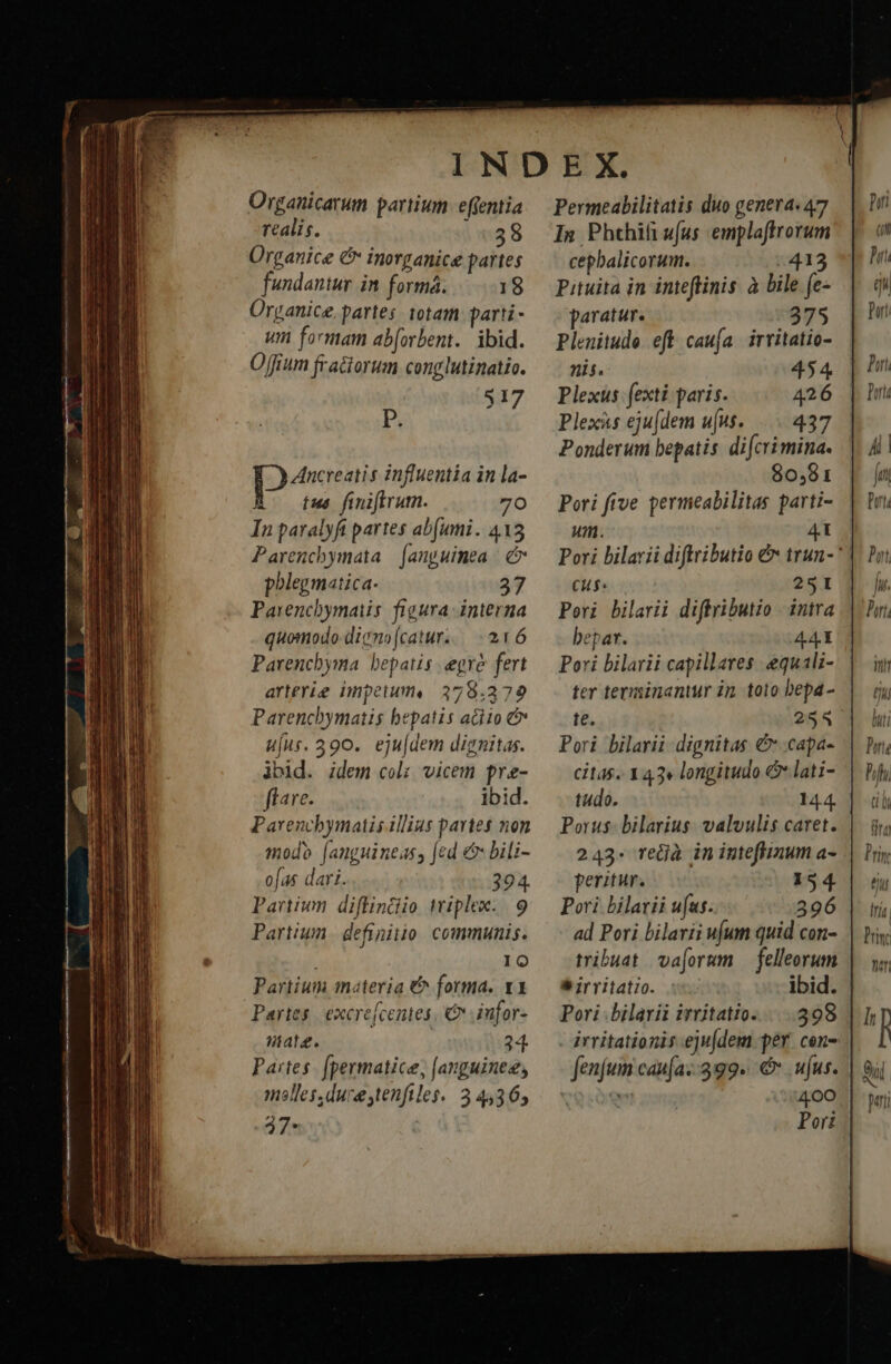 Orgaticarum partium. e(fentia realis. | 58 Organice C inorganice partes fundaniur in formá. 18 Ürganice. partes. 1otam parti - um formam ab[orbent. ibid. Offium fraciorum cong utinatio. I  987 Ancreatis influentia in la- tus finiftrum. 70 In paralyft partes ab(umi. 413 Parenchymata | f[anguinea / phlegmatica- 37 Paxenchymaiis figura interna quomodo-digyno[catur.... 216 arterie impetum. 379.279 Parenchymatis bepatis aciio &amp; uíus. 390. eju[dem dignitas. jbid. idem coli vicem prae- ftare. ibid. Pavencbymatis illius pavtes non modo (anguineas, [ed € bili- ofas dari. 394. Partium difinciio triplex. 9 Partium | defipiiio communis. 10 Partium materia €^ forma. 11 Partes: excre[centes, Ov iufor- nate. | 34. Partes. [permatice, [anguinez, molles. dure tenfiles. 3 4436; 37* Permeabilitatis duo genera. 47 In Phehifi sus emplaffrorum cepbalicorum. 41 Pituita in inteflinis. à bile fe- paratur. 375 Plenitude. eft. caufa. irritatio- nis. Plexus (exti paris. Plexis eju[dem u[us. 437 Ponderum bepatis. di fcri mina. 80,81 Pori five permeabilitas parti- uim. 4t Pori bilarii diftributio &amp; trun-* | CH$- 251 Pori bilarii diffributio intra bepar. 44. Pori bilarii capillares. equali- ter terminantur in. toto Depa- te. 258 Pori bilarii dignitas € capa- citas. 143» longitudo c lati- tudo. 144. Porus- bilarius. valvulis caret. 243. redà in inteffinum a- peritur. 154 Porti bilarii ufus. 396 ad Pori bilarii wjum quid con- tribuat vaforum — felleorum irritatio. ibid. Pori .bilarii irritatio. |...398 irritationis eju(dem per con- fenfum can[a..399.. ufus. q 400 Port