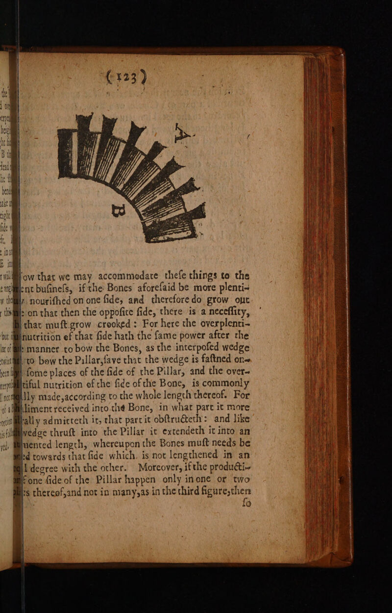 i on that then the oppofite fide, there is a neceffity, B that muft.grow crooked: For here the overplenti- | |nucrition ef that fide hath the fame power after the i manner to bow the Bones, as the interpofed wedge to bow the Pallar,fave that the wedge is faftned on~ i) fome places of the fide of the Pillar, and the over- jtiful nutrition ef the fide of the Bone, is commonly ply made,according to the whole length thereof. For @)liment received into thé Bone, in what pare it more Bally admicceth it, that part it obftrudteth: and like jvedge thruft into the Pillar ic extendeth it into an Iienced length, whereupon the Bones muft needs be Bd towards that fide which. is not lengthened in an L degree with the other. Moreover, it the producti- Fone fide of the Pillar happen only inone or two is thereof,and not in many,as in the third figure,then ESS fo