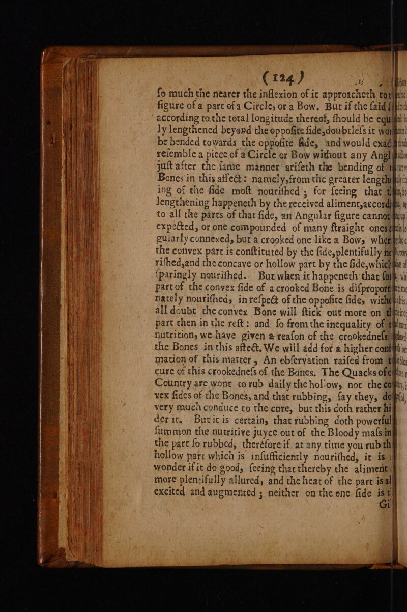 | (124) | ine fo much the nearer the inflexion of ic approacheth, cor|pit! figure of a part of a Circle, ora Bow. But if che faid {iui according to the total longitude thereof, fhould be equifi:) ly lengthened beyond the oppoftte fide,doubrlefs ic wort! be bended towards the oppofite fide, and would exaéipi refemble a piece of a Circle or Bow without any Angl|piil juft after the famte manner’ arifeth the bending of afi Bones in this aifeét: namely,from the grearer lengehipi ing of the fide moft ‘nourithed ; for fecing that tfak Jengthening happeneth by the received aliment,accordiph « to all the pares of that fide, an Angular figure cannot hiv expeCted, or one compounded of many ftraight onespis: gularly connexedy bur a crooked one like a Bows when fete the convex part is conftituted by the fide, plentifully meplnen rifhed,and the concave or hollow part by che fide, which o {paringly nourifhed.. But when it happeneth tha fal§, vh partof the convex fide of a crooked Bone is difpropartfitin nately nourifheds inrefpe&amp; of the oppofite fides withtttis all doubt theconvex Bone will ftick out more on tein part chen in the reft: and fo from the inequality of ipl: Nutrition, we have given @ reafon of the crookednefs) pind the Bones in this afte, We will add for a higher combiidln mation of this matter, An ebfervation raifed from tits, cure of this crookednefs of the Bones. The Quacks of of Country are wont torub daily the hol'ows not the calf vex fides of the Bones, and that rubbing, {ay they, dow very much conduce to the cure, but this coth rather hi derir, Buticis certain, that rubbing doth powerful fummon the nutritive juyce out of the Bloody mafs ini the part fo rubbed, theréfore if at any rime you rub thf hollow parc which is infufficiently nourithed, ic is 19 wonder if it do goods feeing thacthereby the alimenti} more plentifully allured, and the heat of the part isal excited and augmenred ; neither ontheone fide is t Gi