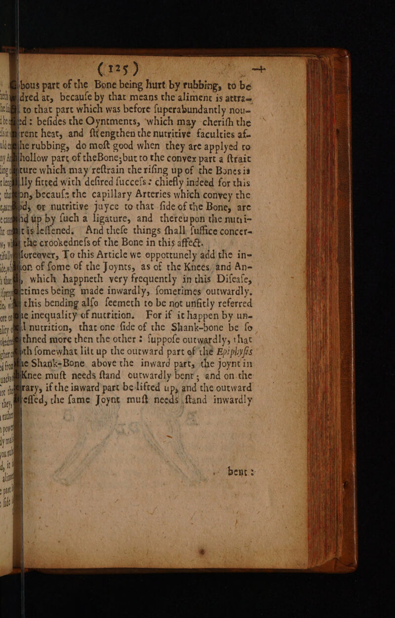 | hous part of the Bone being hurt by rubbing, to be H jhe rubbing, do moft good when they are applyed to dey on, becaufs the capillary Arteries which convey the pd; or nutritive Juyce to that fide of the Bone, are ind up by fuch a ligature, and thereupon the nuni~ tisleffened. And thefe things thall. fuffice concer- he «ae ae fe he inequalicy of nuctition. For if ichappen by un- pth fomewhat litt up the outward part of the Epiphy/fis ne Shank-Bone. above the inward part, the joyntin rary, if the inward part bedlifted up, and the outward felted, the fame Joynt muft needs .ftand inwardly