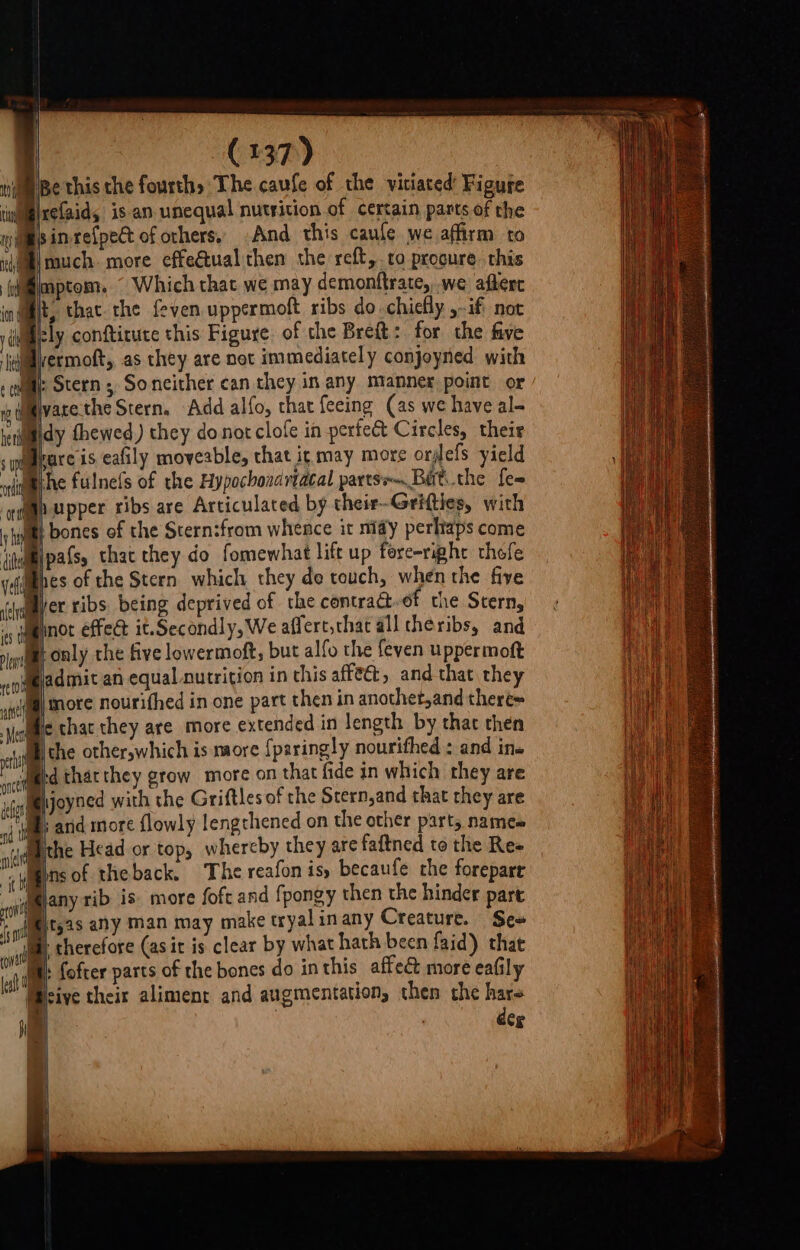 Be this the fourth» The caufe of the vitiated Figure Bixcfaid, is an unequal nutrition of certain parts of the kinrefpect of others, And this caufe we affirm to i much. more effectual then the reft, ro prooure. this Gimptom. © Which that we may demonftrate, we affert Wt, that. the {even uppermoft ribs do. chiefly ,-if not iMfcly conftitute this Figure. of the Breft: for the five vermoft,, as they are not immediately conjoyned with : game Stern ;, Soneither can they in any manner point or mmmivacethe Stern. “Add alfo, that feeing (as we have al- etimidy thewed) they donot clofe in perteét Circles, their ‘0 pare is eafily moveable, that it may more ordefs yield vviikhe fulnels of the Hypochosartacal partsew—Bat the fe- ia) upper ribs are Articulaced by their-Gritties, with ‘bones of the Stern:from whence it nidy perhaps come Bipafs, that they do fomewhat lift up fore-riphe thefe Mhes of the Stern which they de touch, when the five Bier ribs being deprived of the contra@-of the Stern, inot effect it. Secondly, We affert,that all cheribs, and only the five lowermoft, but alfo the {even uppermoft admit an equal nutrition in this affect, and that they more nourifhed in one part then in anothet,and there= ethac they are more extended in length by that then the other,which is more {paringly nourithed : and in. td tharthey grow more on that fide in which they are Mijoyned with the Griftles of the Stern,and that they are B; and more flowly lengthened on the other part, names Wthe Head or top, whereby they are faftned to the Ree vlgbns of theback. The reafon is, becaufe che foreparr wmany rib is. more foft and fpongy then the hinder part tyas any man may make tryal in any Creature. Ses } therefore (as it is clear by what hath been faid) that : fofter parts of the bones do inthis affedt more eafily Weive their aliment and augmentation, then the hare | | deg