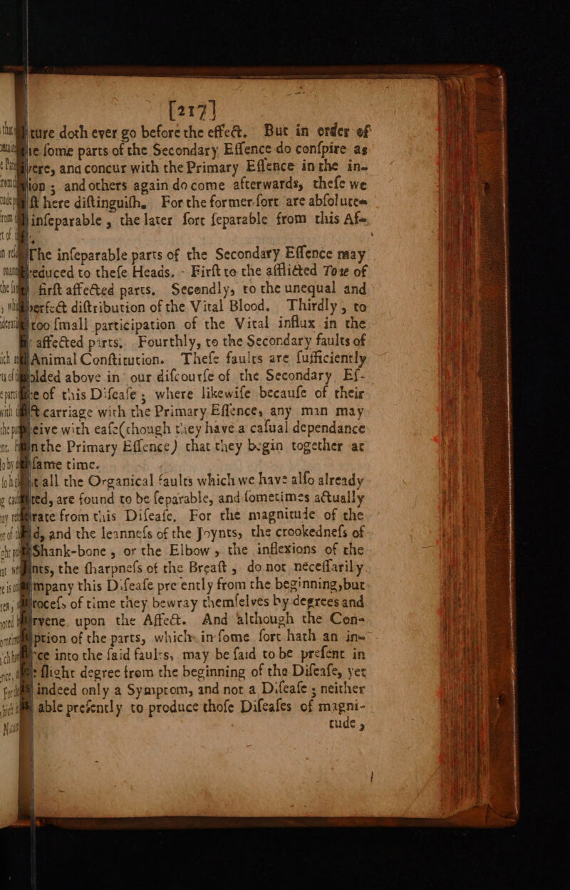 | , idlfolded above in’ our difcourfe of the Secondary Ef- spiige of this Difeafe; where likewife becaufe of their ith WN carriage with the Primary Effence, any man may :pieive with eafe(chough tuey havea cafual dependance filnthe Primary Effence) chat they begin together ac ob difanre time. phimit all the Organical faults which we have alfo already wiited, are found to be feparable, and ometimes a@ually P9 va ’ y dl erate from this Difeafe, For the magnitude of the Bid, and the leannefs of the Joynts, the crookednefs of ch: if Shank-bone , or the Elbow, the inflexions of rhe Pints, the fharpnefs of the Breaft , do not néceflarily a Himpany this Difeafe pre ently from the beginning,but Broce{s of time they bewray themfelves by degrees and Brvene. upon the Affect. And although the Cen- ition of the parts, which» infome fort hath an ins yiiliree into the faid faulrs, may be faid to be prefent in vce Mtohe degree trom the beginning of the Difeafe, yer Ss indeed only a Symptom, and not a Difeafe ; neither fifi able pregently to produce thofe Difeafes of magni- 4 tude 5