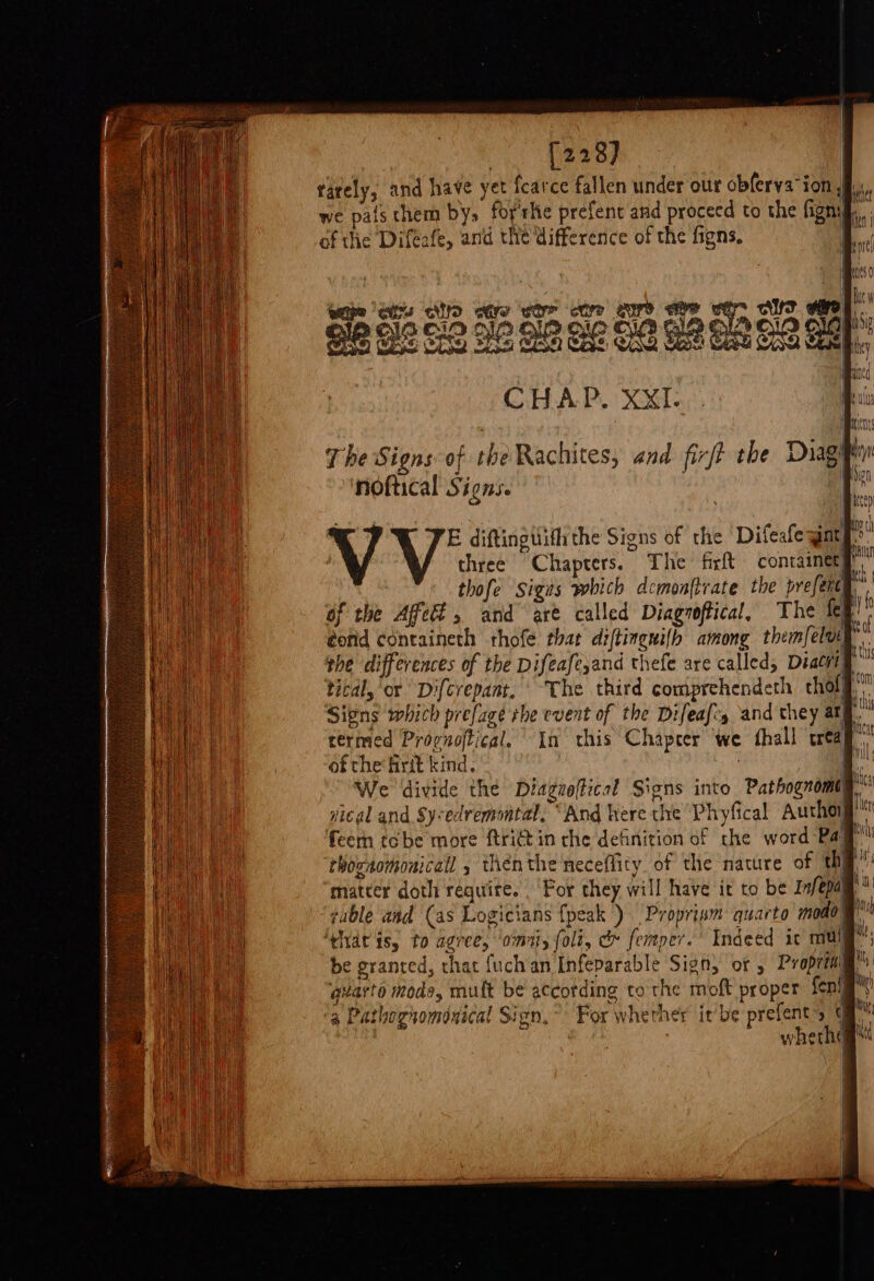 a [228) rarely, and have yet farce fallen under our obferya’ ion, we pais them bys forse prefent and proceed to the fignih. of the Diféafe, and the Wifference of the figns, 4 4 ! | E diftinguifh the Signs of the Difeafe sc i three Chapters. The firft contaimery’ thofe sigas which demonftrate the prefency, of the Affell, and are called Diagroffical, The fell éofid containeth thofe thar diltingnifh among themfelotq’ the differences of the Difeafe,and thefe are called, Diatrig” ticdl, ‘or Difcrepant, “The third comprehendeth choly’ Signs which preface she event of the Difeafiy and they arg, termed Proguoftical. In this Chapcer we fhall cred : of the‘ firit kind. | We divide the Diagzoffical Signs into Pathognomi i vical and Sy&lt;edremontal. “And ere the Phyfical Author feet tobe more {tridtin che definition of the word-Pa’ thocnomonicall » thén the neceflity of the nature of thy matter doth réquire. . For they will have it to be Infepag fable and (as Logicians {peak ) Proprinm quarto modo @'' ‘gyat is, to agree, ‘oimtiy oli, c&amp; femper.’ Indeed ic mul”: be granted, chat {uch an Infeparable Sign, or , Propet a quarto mode, muft be according to the moft proper fen! mi 4 Pathoghomdnical Sign,” For whether it'be prefent’, qa ~ owherhqg®