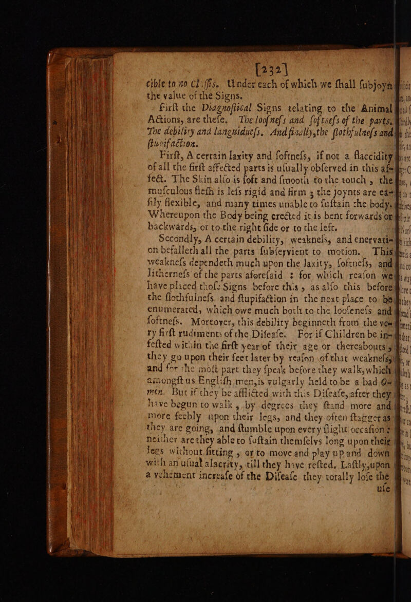 : Ya92\ | cible to 40 Cliffs. Under each of which we fhall fubjoya| the value of the Signs. Firlt the Diagnoftical Signs telating to the! Animal Actions, are thefe. The loofnefs and foftiefs of the parts. The debility and languidue/s, And fiaally,the flothfulne{s and fiurrfaction. . | Firft, A certain laxity and foftnefs, ifnot a flaccidity iy, ofall the firft affeAed parts is ulually obferved in this afs| i fe&amp;. The Skin alfo is foft and fmooth tothe touch , the fi mufculous flefh is lefs rigid and firm s the joynts are ed= M4 fily fiexible, and many times unable to fuftain che body. hi Whereupon the Body being erected it is bent forwards on backwards, or to-the right fide or to the left. on befallech all the parts fub{eyvient to motion. This lithernefs of the parts aferefaid : for which reafon we! the flothfulnefs. and ftupifaction in the next place to bed enumerated, which owe much borlt to the loofenefs and | foftnefs. Moreoyer, this debility beginneth trom the vem fl ry firft rudiments of the Difeafe. For if Children be ine My fefted within the Arf yearof their age or thereabouts Ji. they go upon their feet later by reafon ofthat weaknefsgiff and for she moft part they {peak before they walk,which) asmongftus Englith men,is qulgarly heldtobe a bad Oa, men. But if they be afflicted with this Difeafe, after they have begun to walk ,.by degrces they ftand more and a.) more feebly upon their legs, and they often tagger asm, they are going, and {tumble upon every flight occafions Heiter arethey able co fuftain themfelvs long upon theig iy \, Jegs without fitting 5 or to move and play upand down fh, a vehement inereafe of the Difeafe they torally lofe the @ :, } ufe | |