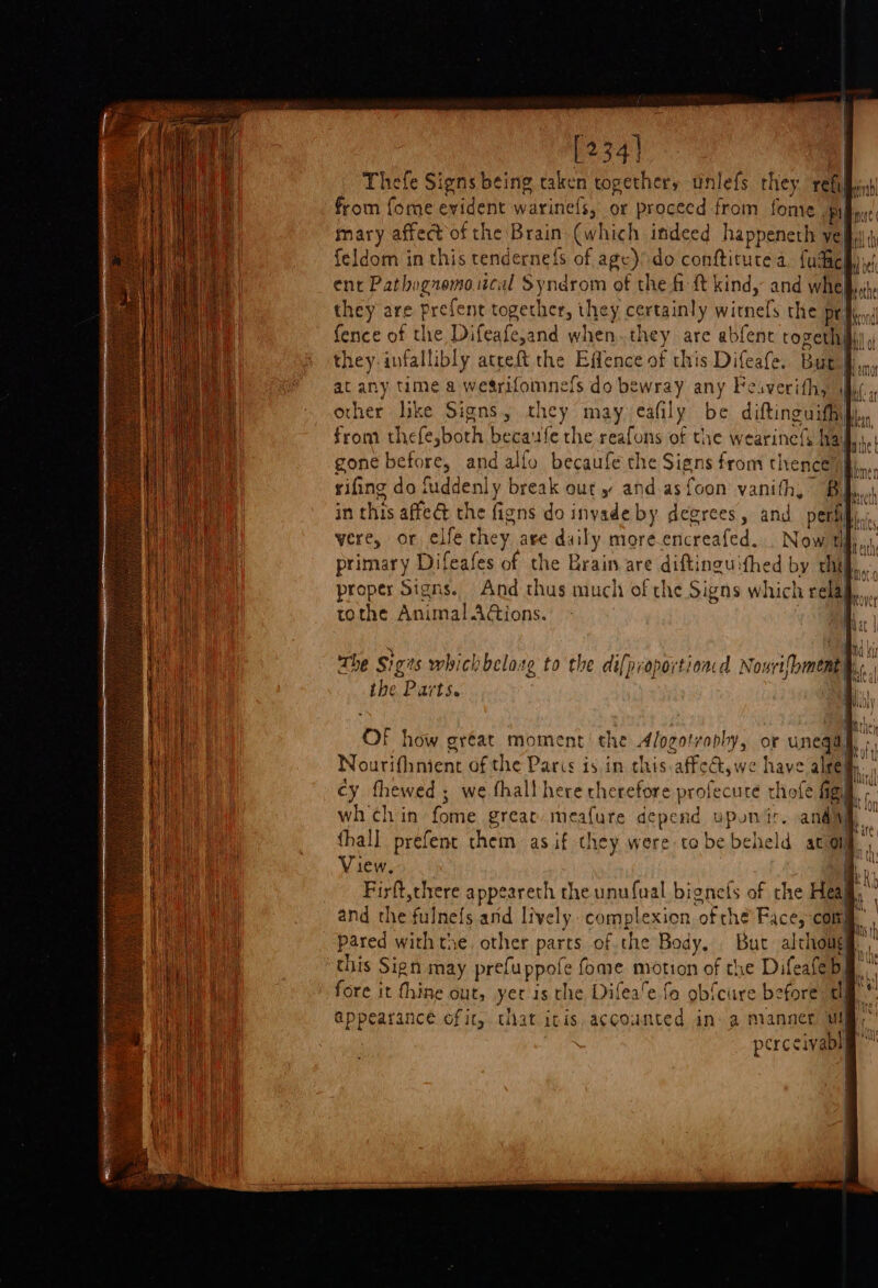 [234] Thefe Signs being taken together, tnlefs they refi from fome evident warinefs, or proceed from fone filly: mary affect of the Brain (which indeed happeneth ye| feldom in this tendernef{s of age) do conftitutea. fudae they are prefent together, they certainly witnefs the pt they infallibly atreft the Effence of this Difeafe. But f,,, at any time a wearifomnels do bewray any Feaverithy if. other like Signs, they may eafily be diftinguifhy hy, from thefe,both becaufe the reafons of the wearinefs ha, gone before, and alfo becaufe the Signs from thence f,., rifing do fuddenly break out y and asfoon vanith, B] in this affed the figns do invade by degrees, and peri. primary Difeafes of the Brain are diftinguithed by chef proper Signs. And thus much of the Signs which rela tothe Animal AGions. OF how great moment the Alogotrophy, or unega. Nourifhnient of the Paris is in this.affet,we have alteg cy fhewed ; we fhall here cherefore profecure thofe fig wh chin fome great meafure depend wponir. andy thall prefent them as if they were tobe beheld acgig. View i. ‘.. Fisft,chere appeareth the unufual bignets of che Heal, and the fulnefs and lively. complexion of the Face, comm. pared with the other parts of the Body, But althoug this Sign may prefuppofe fome motion of che Difeafe b, fore it thine out, yer 1s the Difea’e fe obfcure before: tl] appearance ofir, that iris accounted in. a manner Ulm,” | perceivabl