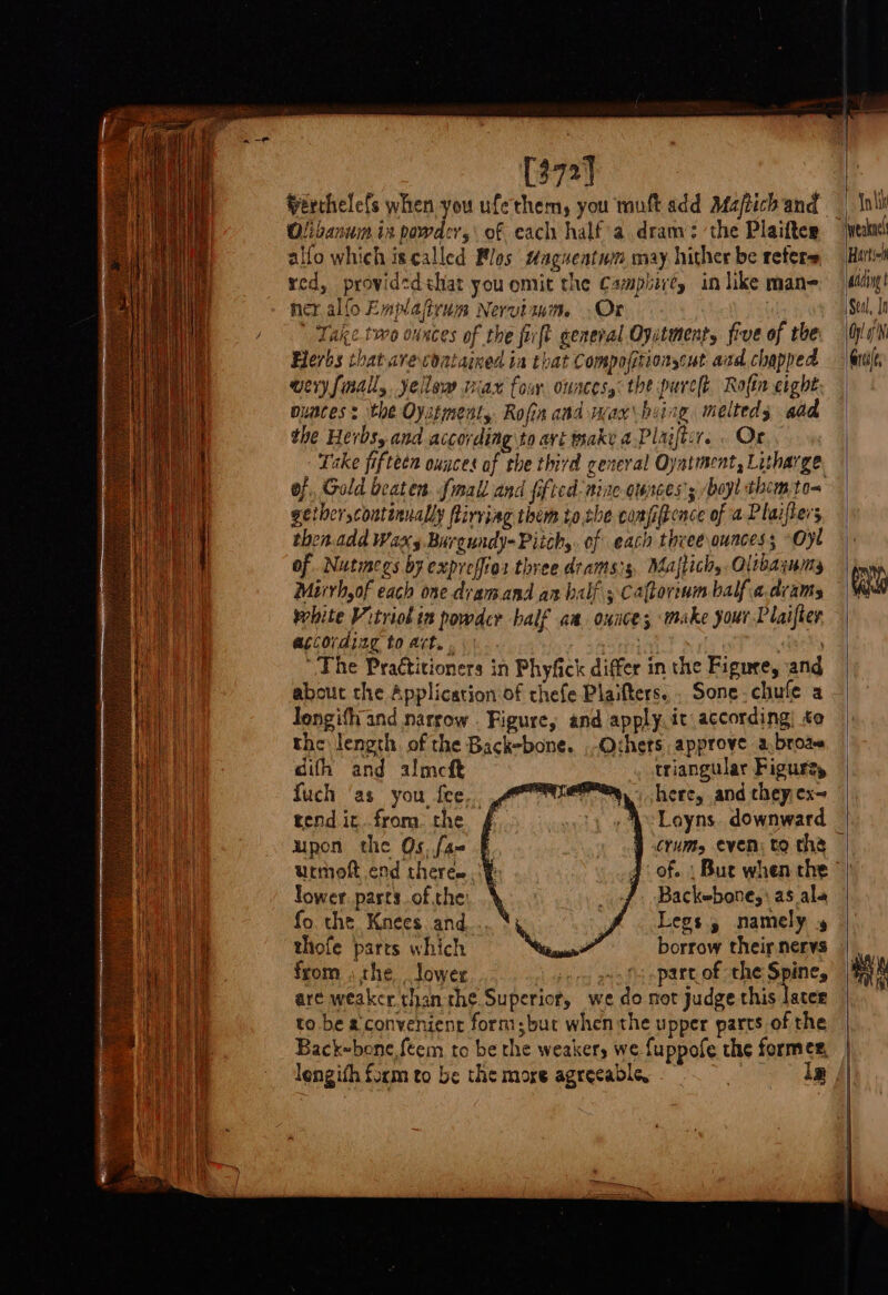 [372] Perchelels when you ufethem, you mult add Ma/tich and Olibanum ia powder, of each halfa dranv: ‘the Plaifter allo which is called Flos taguentwm may hither be refers red, providedehat you omit the Camphirey in like man- nex. allo Empajivum Nerutam. .Or | Take.two ounces of the firft general Ovitment, five of the Herbs that are contaimed in that Compofitionscut aad chapped weryfaall, yellow wiax four ounces, the purelt Rofin cight punces: the Oystment, Rofin and max being melted; aad the Herbs, and according to avt make @.Plaiftcr. . Or Take fifteen ounces of the third ceneval Oyatment, Litharge of, Gold beaten mall and fifted-niae ounces’; /boyl them to= gether scoutinnally firviag them to she confiftence of a Plaifters then.add Waxy Burgundy-Pitch,. of each three ounces; -Oyl of. Nutmegs by expreffios three dramsis, Maftich, Oltbaxnmy Mirrh,of each one dramand an ball; caltorium balf.a.drams white Vitriol is powder half aa. once; make your Plaifter according to act...) .. | ely The Practitioners in Phyfick differ in the Figure, and about the Application of chefe Plaifters. . Sone. chule a longiffiand narrow . Figure, and apply, it according; to the length. of the Back-bone. .-Others approve a.broa~ difh and almcft triangular Figure, fuch ‘as you fee, em here, and theyex= tend it. from. the ) oe Loyns. downward upon the Os, fa- § Cums even: to the urmoft end there |¥ lower. parts of che: Legs 5 namely 4 fo. tht, Knees and... %; thofe parts which ee borrow their nervs from the Jower ~~. hs part of the Spine, are weaker than the Superior, we do not Judge this later to be acconvenienc form;but when the upper parts of the Back~bone,ftem to be the weaker, we fuppofe the former, lengifh form to be the more agreeable, : Backebone,' as.ala In iit neakne! Harti aang Seal, In Oy ‘erie, |