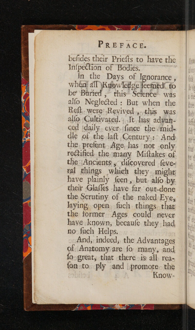 - e- befides their Priefts to have the Infpection of Bodiés. ~~~ ~~~ alfo Neglected : But when the Refk. were’ Revived.,-this was alfo, Cultivated. ; It lias: advan- ced idaily. ever.:fince the «mid- dle of the laft Century.:° And the, prefent Age, has not -only rectified. the many Miftakes' of the Ancients, difeovered {eve- ral things which they might have plainly feen.,. but. alfo by their -Glaffes have far. out-done the Scrutiny of the naked Eye, laying. open. fuch things. that the former Ages could never have known, becaufe they had no fuch Helps. And, indeed,, the Advantages of Anatomy are fo many, and fo-great, that there is all rea- fonto. ply vand | promote. the Know-