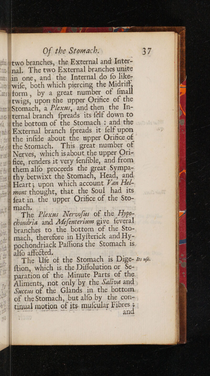 ANtwo branches, the. External and Inter- nal. The two External branches unite tian one, and the Internal do fo like- wy Hwife, both which piercing the Midriff, twigs, upon the upper Orifice of the meStomach, a Plexus, andthen the In- i the-infide about the upper Orifice of u@ fice, renders it very fenfible, and from them alfo proceeds the great Sympa- @ feat in. the upper Orifice of the Sto- | The Plexus Nervofus of the Fypo- «W chondria and Mefenterinm give feveral ‘branches to. the bottom of the Sto- Lf mach, therefore in Hyfterick and Hy- i | alfo affected. , 1 ftion, which is the Diffolution or Se- | paration of the Minute Parts of the. / Aliments, not only by the Saliva and | tinual motion of its- mufcular Fibres 5 an