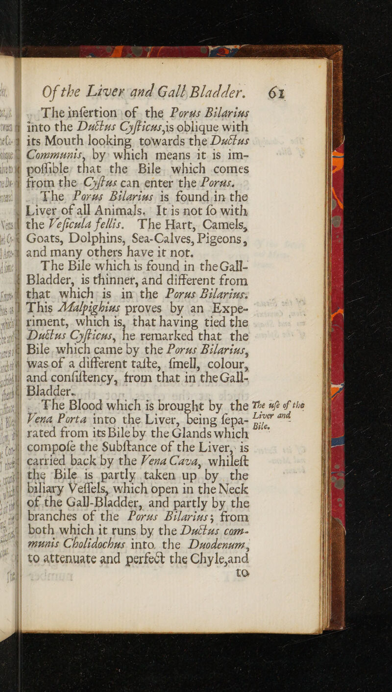 The infertion ‘of the Porus Bilarius Sak its Mouth looking towards the Duétus ( poflible: that the Bile. which comes trom the Cy/tws can enter the Porus. The Porus Bilarius is found.in the Liver of all Animals. It is not fo with the Veficula fellis. The Hart, Camels, f The Bile which is found in theGall- ¢ Bladder, is thinner, and different from val) This Malpighius proves by an Expe- and confiltency, from that in theGall- | Vena Porta into the. Liver, being fepa- | # rated from its Bile by the Glands which yl, compote the Subftance of the Liver, is 1 carried back by the Vena Cava, whileft yi) of the Gall-Bladder, and partly by the wi! branches of the Porus Bilarius; from both which it runs. by the Ductus com- | to attenuate and perfect the Chyle,and to