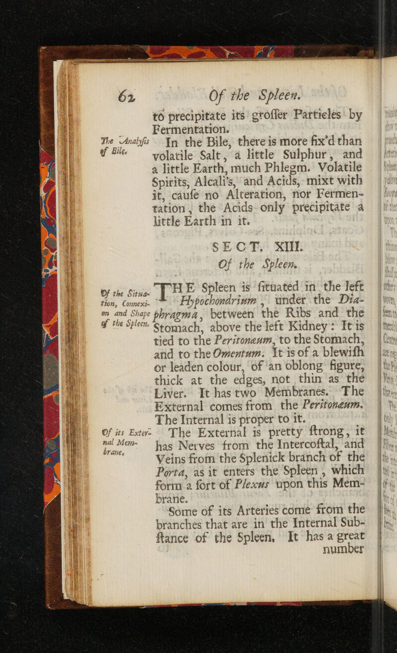 The Analyfis of Bile. tion, Connextq Of the Spleen. SECT. XIIr. Of the Spleen. of xs Exter= nal Mem- brane, Liver. The It has two Membranes. brane. number