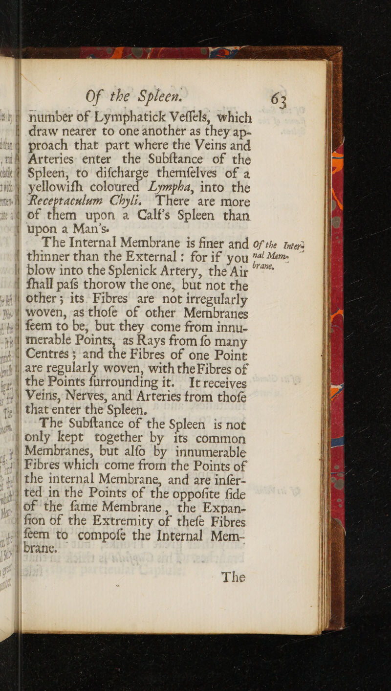 number of Lymphatick Veffels, which draw nearer to one another as they ap- proach that part where the Veins and Arteries enter the Subftance of the Spleen, to difcharge themfelves of a yellowifh coloured Lympha, into the Receptaculum Chyli, There are more | of them upon a Calf’s Spleen than | upon a Man's The Internal Membrane is finer and of the ter’ thinner than the External : for if you 7! Mem blow into the Splenick Artery, the Air “”” | fhall pafs thorow the one, but not the other; its. Fibres are not irregularly woven, as thofe of other Membranes feem to be, but they come from innu- merable Points, as Rays from fo many .) 4 Centres 3 and the Fibres of one Point wf. are regularly woven, with the Fibres of | the Points furrounding it. It receives ‘fe || Veins, Nerves, and Arteries trom thofe ie || that enter the Spleen. The Subftance of the Spleen is not only kept together by its common Membranes, but alfo by innumerable °’ 4 Fibres which come from the Points of »4.4| the internal Membrane, and are infer- 4) ted in the Points of the oppofite fide Of the fame Membrane, the Expan- i fion of the Extremity of thefe Fibres ul ae to compofe the Internal Mem- olf brane. =k =. 3 pe ee ee eee ee > ae ee 2 = c a a he