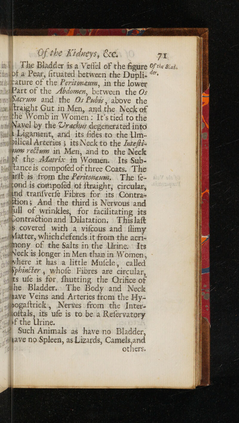 The Bladder is a Veflel of the figure Of tHe Alaa. ‘tint a Pear, ftuated between the Dupli- jiitature of the Peritoneum, in the lower liePart of the Abdomen, between the Os swnt4cram and the Os Pubzs, above the wmmtraight Gut in Men, and the. Neck of merhe Womb in Women : It’s tied to the oiiNavel by the Vrachws degenerated into uit Lagament, and. its Gdes.to the Um- ‘inuldilical Asteries 3 itsNeckto the Lute/ti= yum rectum i Men, and to the Neck pf the. AZatrix in Women. Its Sub- ina tance is compofed of three Coats. The . dt. is from the Peritonenm. The te- in@gOnd is compoféd. of itraight, circular, ,dipnd tranfverfe Fibres for its Contras ttion; And the third is Nervous and full of wrinkles, for facilitating its wiipontraction and Dilatation, Thislaft 6 covered with a vifcous and {limy ontMatter, whichdefends it from the acri- yaamony of the Salts in the Urine: Its watNeck is longer in Men than in Women, ,\ivhere it has a little Mufcle, called oitppoencter 5 whofe Fibres are circular, waits ufe is for, fhutting the Orifice of yahe. Bladder.» The Body and Neck gave Veins and Arteries trom the Hy- _ «@pogattrick:, .Nerves from the Inter- _qimottals, its ufe is to bea Refervatory ‘i@nf the Urine. ya Such Animals as have no Bladder, Mave no Spleen, as Lizards, Camels,and | Se otners, ——< =>