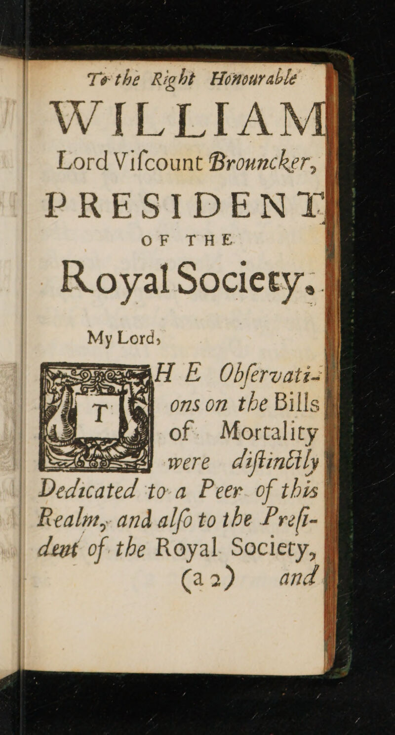 Te the Right Honourable WILLIAM Lord Vifcount Brouncker, | f PRESIDENT} OF THE Royal Societal My Lord; eer | EB Onervatisl | mt 07S On the Bills] | 4 | Pal of Mortality § | Sa mere diftinéily i Dedicated to-a Peer. of this] Realm, and alfo to the Prefi- J | deut of the Royal. Society, | (a 2) and |