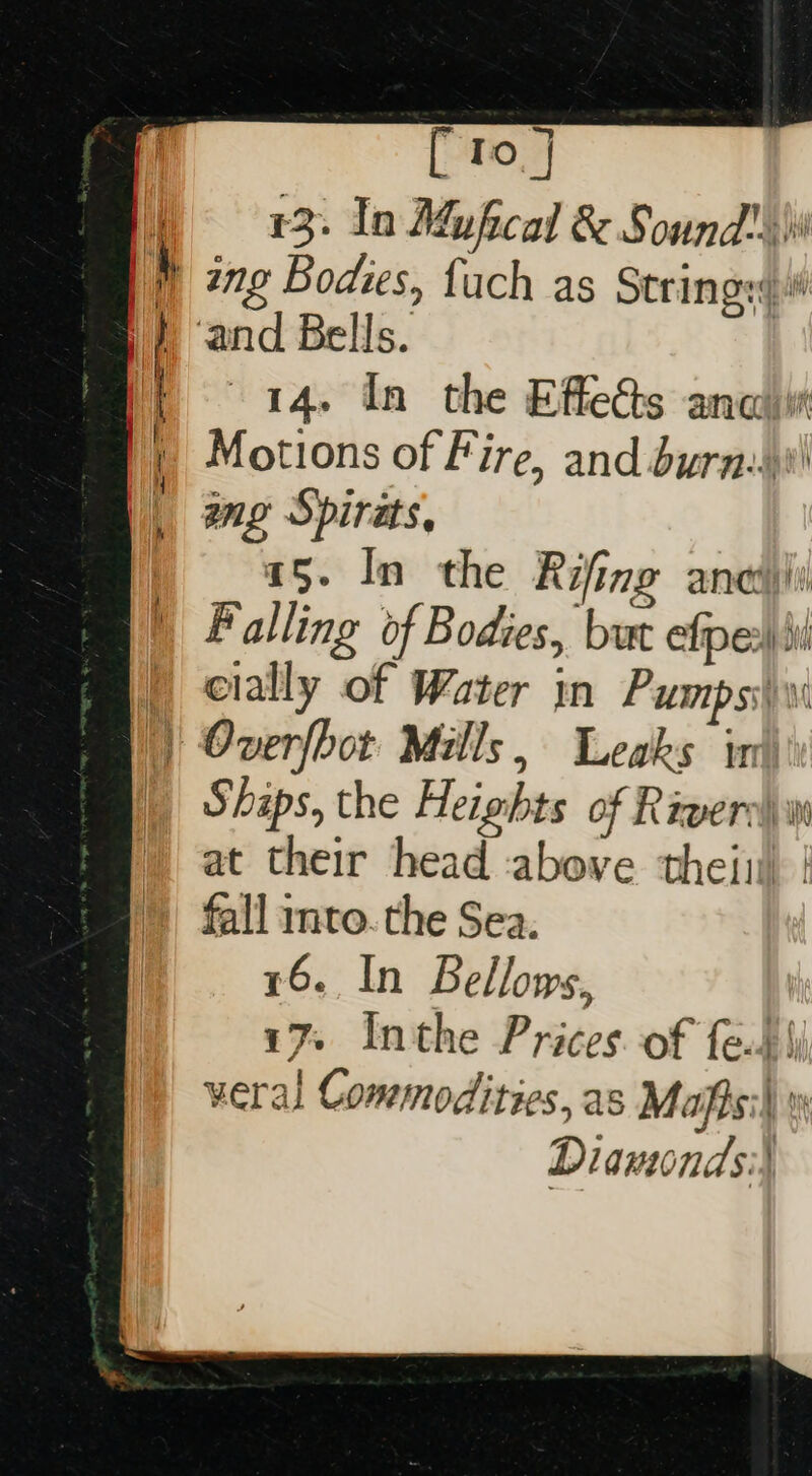 [10 13. In Mufical &amp; Sound! \w 15. In the Rifing ane) Falling of Bodies, but efpe:) ii cially of Water in Pumps\w Shaps, the Heights of Riwers\w at their head above thejj!) | 16. In Bellows, 17 Inthe Prices of fe} \ veral Commodities, as Mafis:\ » Diawondsis