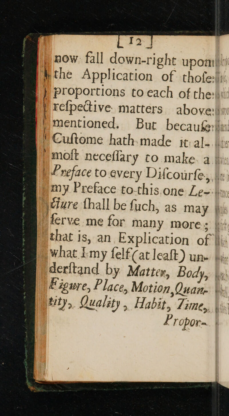 r 12 j, now fall down-right upom| Hthe Application of thofe si |} proportions to each of the: : re{pective. matters. above: | mentioned. But becaufer i  Cuftome hath:made it al-. ii: “molt neceflary ro make. a | | “neface to. avery Difcourfe, | pmy Preface to-this.one Lewy ) ture thall be fuch, as may | ferve me for many more: | ) that is, an Explication of \\j: | what kmy felf(at lealt) une by: )deritand by Matter, Body, \yi\ | Figure, Place, Motion, Quan tity, Quality, Habit, Time, Propora. | - =