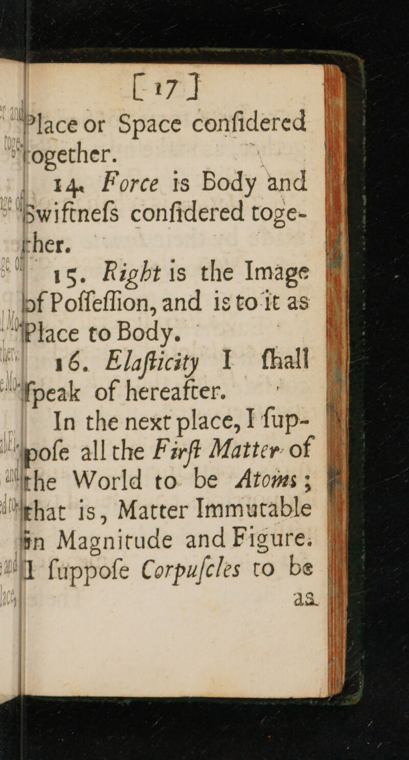 [-17:] Place or Space confidered “together. ; i | 14. Force is Body and § *Bwiftnefs confidered toge- ther. 15. Rightis the Image | lof Poffeffion, and is to-1t as “Place to Body. 46, Elafticity I fhall | “Woeak of hereafter. nm _| In the next place, I fup- it “Wofe all the Firft Matter of &amp; ‘ithe World to be Atoms; &amp; Nehat is, Matter Immutable § fn Magnitude and Figure. § OY fuppofe Corpu/cles to be ff | ac. ie