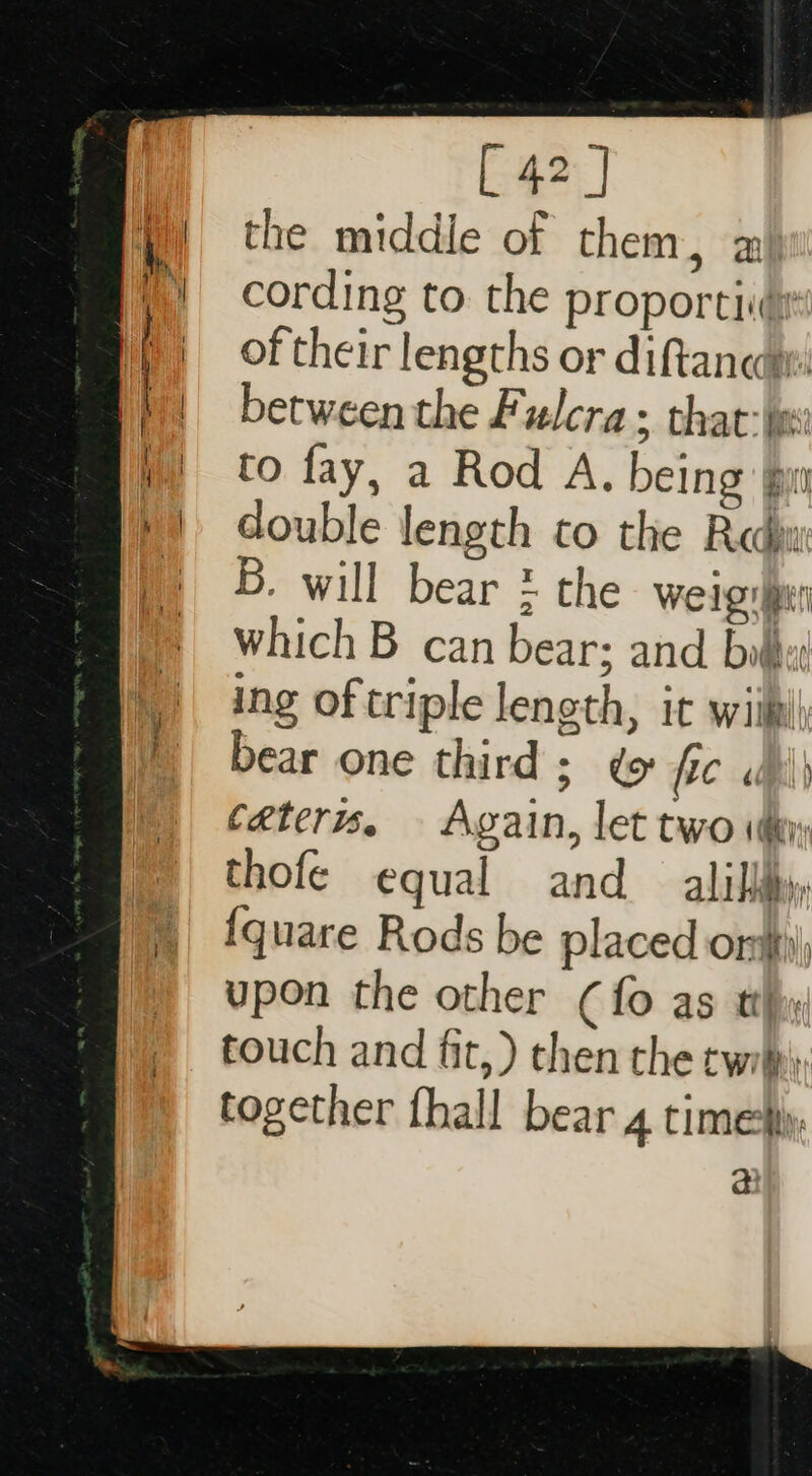 [ 42] the middle of them, = cording to the proportiiy of their lengths or diftance: between the Fulcra; that: jes to fay, a Rod A. being pin double length to the Red B. will bear 2 the weigygen Which B can bear; and bilhe ing of triple length, it wiih! bear one third ; &amp; fic wh ceteris, Again, let two iden thofe equal and alillihy; {quare Rods be placed om) upon the other (fo as thy touch and fit, ) then the rwith\y together fhall bear 4 timep, a