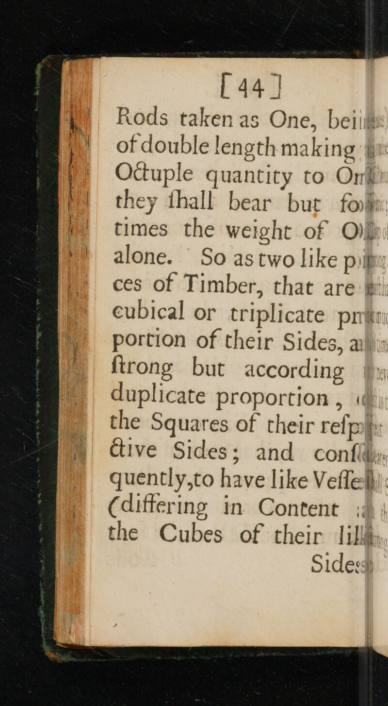 [44 | of double length making fui | Octuple quantity to Orll) I they thall bear but fool i) times the weight of O)jp ©) alone. So astwo like pif i ces of Timber, that are $i) eubical or triplicate prt portion of their Sides, ail): firong but according jy duplicate proportion , i) | the Squares of their reff): ' étive Sides; and confldy: ™ quently,to have like Veffehhy) (differing in Content the Cubes of their lilly Sidesg)