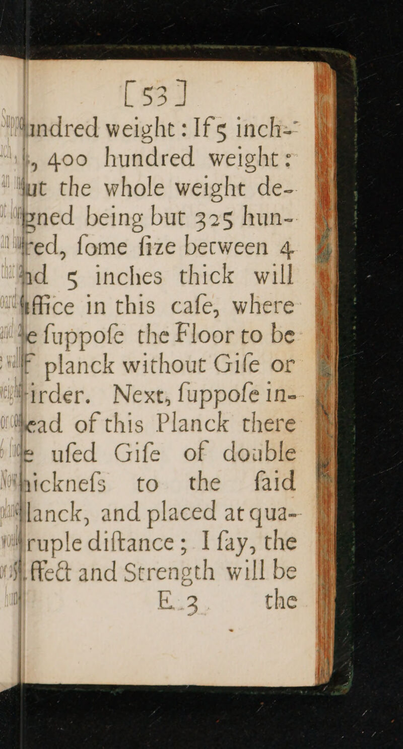 ‘Mindred weight : Ifs5 inch= |, 400 hundred weight : at the whole weight de- iened being but 325 hun- red, fome fize bacween a 4. nd 5 inches thick will ifice in this cafe, where kc fuppote : e Floor to be F planck without Gife or tirder. ie luppole 1 In- head of this Plane ‘J there © ufed Gife of Ihicknefs to the faid ila nel and placed at qua- iM cuple diftance ; I fay, the ‘ i fred and Strength will be k. the