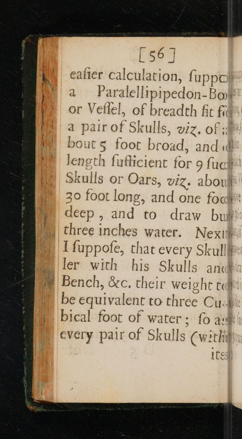 ealier anion fuppo a Paralellipiy pedon- Bo or Veilel, of breadth fit Fiqh a pas of Skulls, wiz. Of ; aby its foot broad, and « a lenoth wh ificient for 9 fuc Ski lis or Oars, viz. about: 30 foot long, and one foci deep , and to. draw buf } [fuppofe, that every Skull | ler with his Skulls: and be equivalent to three Cu-4d bical foot of water : fo “ | every pair of Skulls Cwitl ites