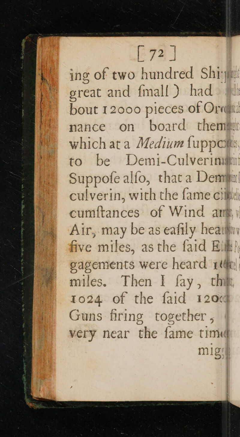 Bee ing of two hundred Shr . h great and {mall ) had bout 12000 pieces of Oredpii nance on board them: MW) whichata Medium luppoms, to be Demi-Culverinigin: Suppofe alfo, that a Demi! © culverin, with the fame ciifi , cumftances of Wind ani my Air, may be as eafily hea five miles, asthe faid E i cagements were heard 1¢q We, miles. Then I fay, thi 1024. of the faid 1204 © Guns firing together , very near the fame time