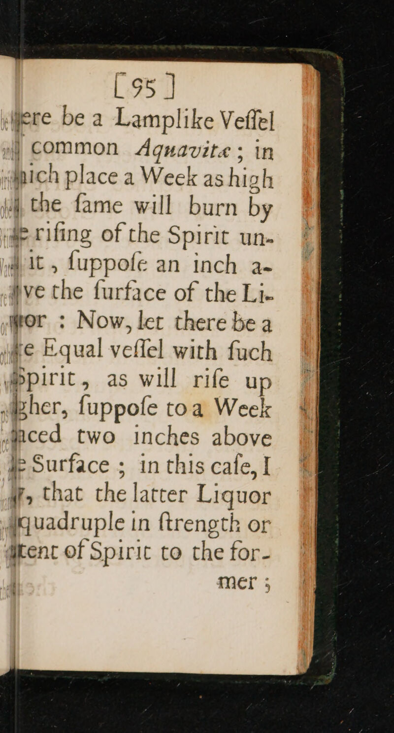 C95 J ere be a Lamplike Veffel i) COMMON Agunavite ; in ipich place a Week as high i, the fame will burn by ge-rifing of the Spirit un- Ait, {uppofe an inch a- ive the furface of the Li- mor : Now, ler there bea wae Equal veffel with fuch @Ppirit, as will rife up wher, fuppofe toa Week vjaced two inches above Je Surface ; inthis cafe, | y, that the latter Liquor #quadruple in ftrength or dent of Spirit to the for- | mer ;