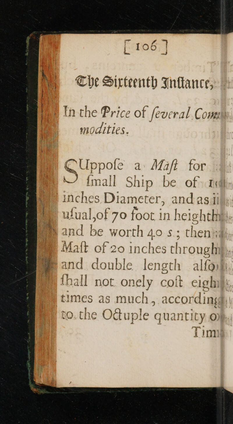 Tie Sixteenth Infance, In the Price of feveral.Comes ma = modities. CUppole a AGift for O {mall Ship be of» a fr inches xy and asi @ ufual,of 70 foot in heighth my and be worth 40 s; then's4 Malt of 20 inches s throne ' jams mand double length alfoyji,: {hall not. onely coft cigh times : much, accor ding : to.the Octuple quantit ‘y 0 ‘| ims