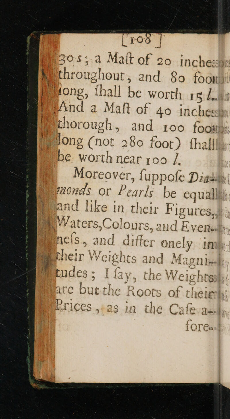(ee oJ 3055.4 Matt of 20 inches throughout, and 80 foowy. pong, thall be worth rg Lily pAnd a Maft of 40 inches Bthorough, and 100 foow. pong (not 280 foot) fhallly: be worth near yoo /. | Moreover, fuppofe Dias) eivzonds or Pearls be equally Heend like in their Figures, | my’/aters,Colours, and Evenalp Mencls., and differ onely in mecnelr Weights and Magn tees; ‘ tudes; I fay, tl are butthe | .oots. of thee Prices ,+as in the Caf