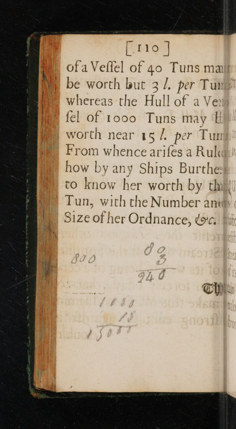 [110 | ofa Veflel of 40 Tuns ma be worth but 3 /. per Tung | whereas the Hull of a Vex {el of 1000 Tuns may ‘bk my worth near 15 /. per Tur ni T° 1 “(5 BH) Hrom whence arifes a Rule. how by any Ships Burthe to know her worth by thi} | Tun, with the Number anti | Size of her Ordnance, do'c.