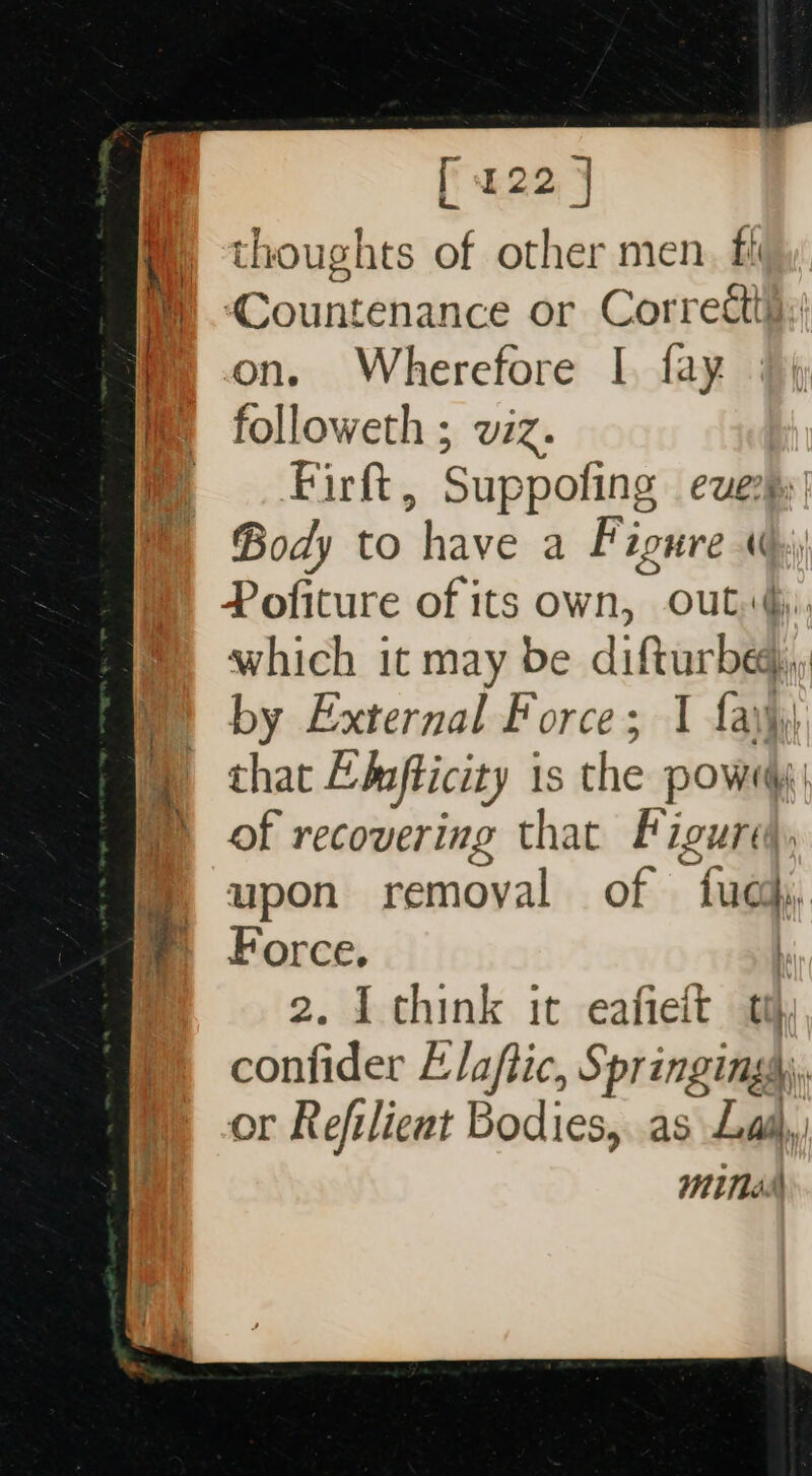 f 422 | M) thoughts of other men. fh i Countenance or Correct): My on. Wherefore I. fay m followeth; viz. h Firft, Suppofing eves ©) Body to have a Figure « Pofiture of its own, out«§), which it may be difturbe,, by External Force; 1 fay) that Ebpfticity is the pow © of recovering that Figure ™ upon removal of ie a Force. 1 2. I think it eafiet tt confider Elaftic, Springing\, or Refilicat Bodies, as Lai, Mines