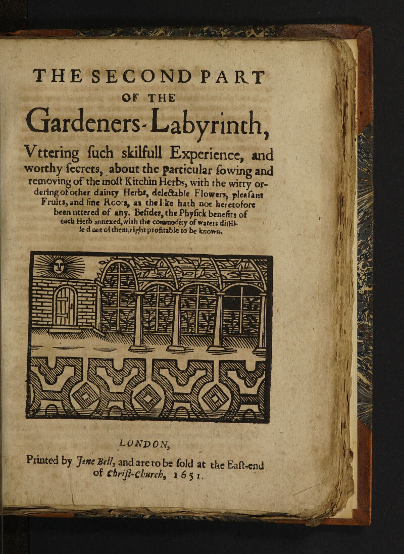 THE SECOND PART OF THE Gardeners-Labyrinth, Vttering fuch skilfull Experience, and worthy fecrets, about the particular fowing and removing of the moft Kitchin Herbs, with the witty or¬ dering ot other dainty Herb*, deleftable Flowers, plea fan* Fruits,and fine ftcou, a* chelke hath not heretofore been uttered of any. Betides, the Pbyfick benefits of each Herb annexed,with the commodity of water# diftiL ie d out o{ them,right profitable to be known. LONDON, Printed by Ji»e Beil, and are to be fold at the Eaft-rend of thrift-churcht 1651,