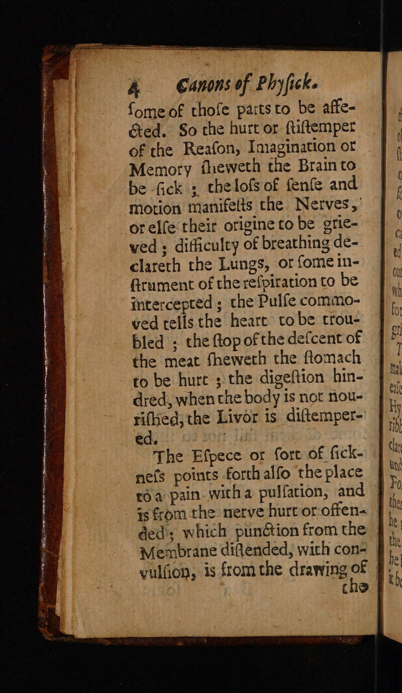 gu A an ‘ renee: ai &amp;ed. So the hurt or ftiftemper of the Reafon, Imagination ot Memory fheweth the Brain to be -fick ; thelofs of fenfe and motion manifelts the Nerves,’ orelfe their origine to be grie- ved ; difficulty of breathing de- clareth the Lungs, or fome in- firument of the refpiration to be intercepted ; the Pulfe commo- ved tells the heart tobe trou- bled ; the ftop ofthe defcent of the meat fheweth the flomach to be hurt ; the digeftion hin- dred, when the body is not nou- ct the Livor is diftemper- ed. tu The Efpece or fort of fick- nefs points forth alfo theplace | roa pain witha pulfacion, and | vulfion, is fromthe drawing of | the